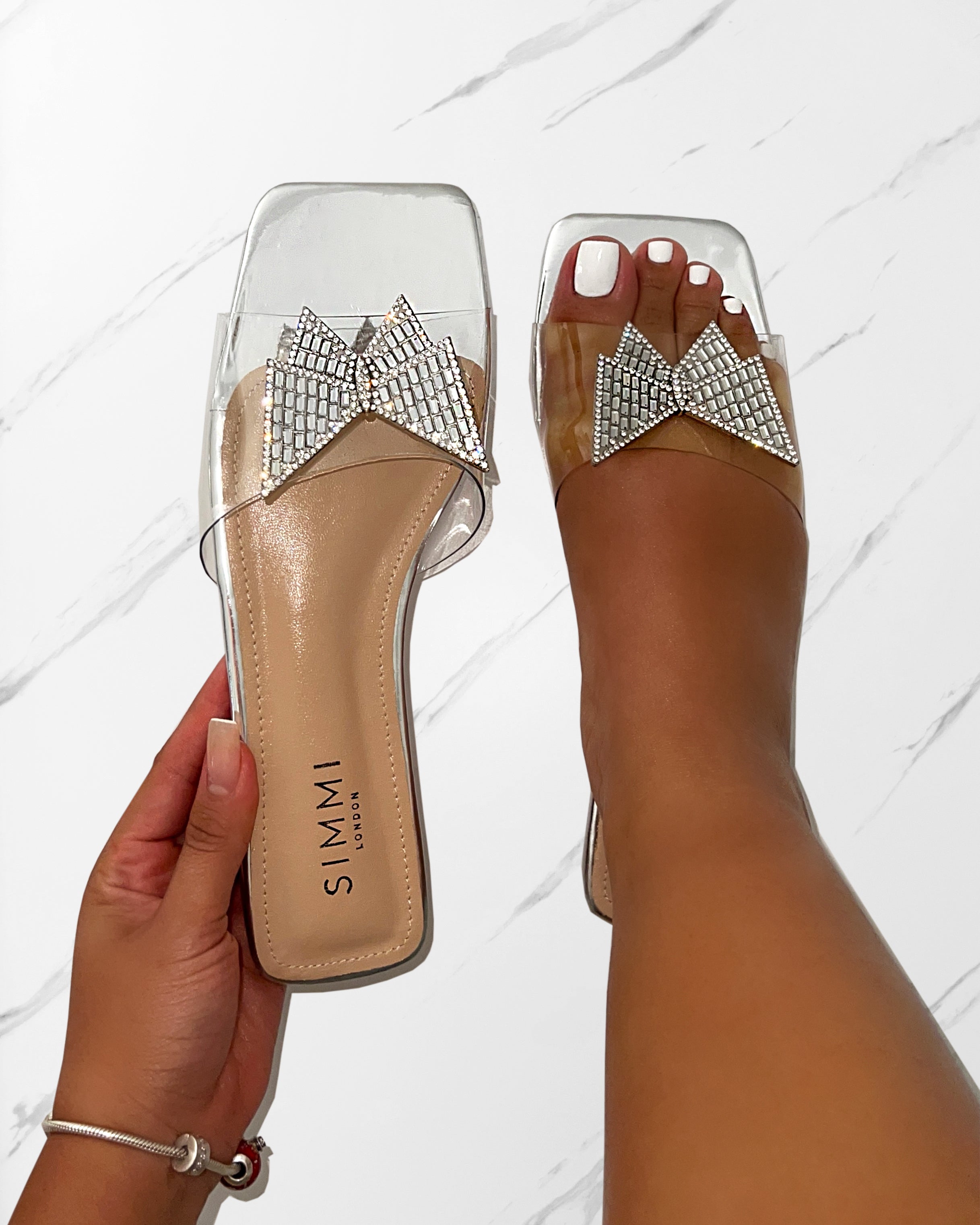 Uma Silver Clear Diamante Butterfly Flat Sandals | SIMMI London