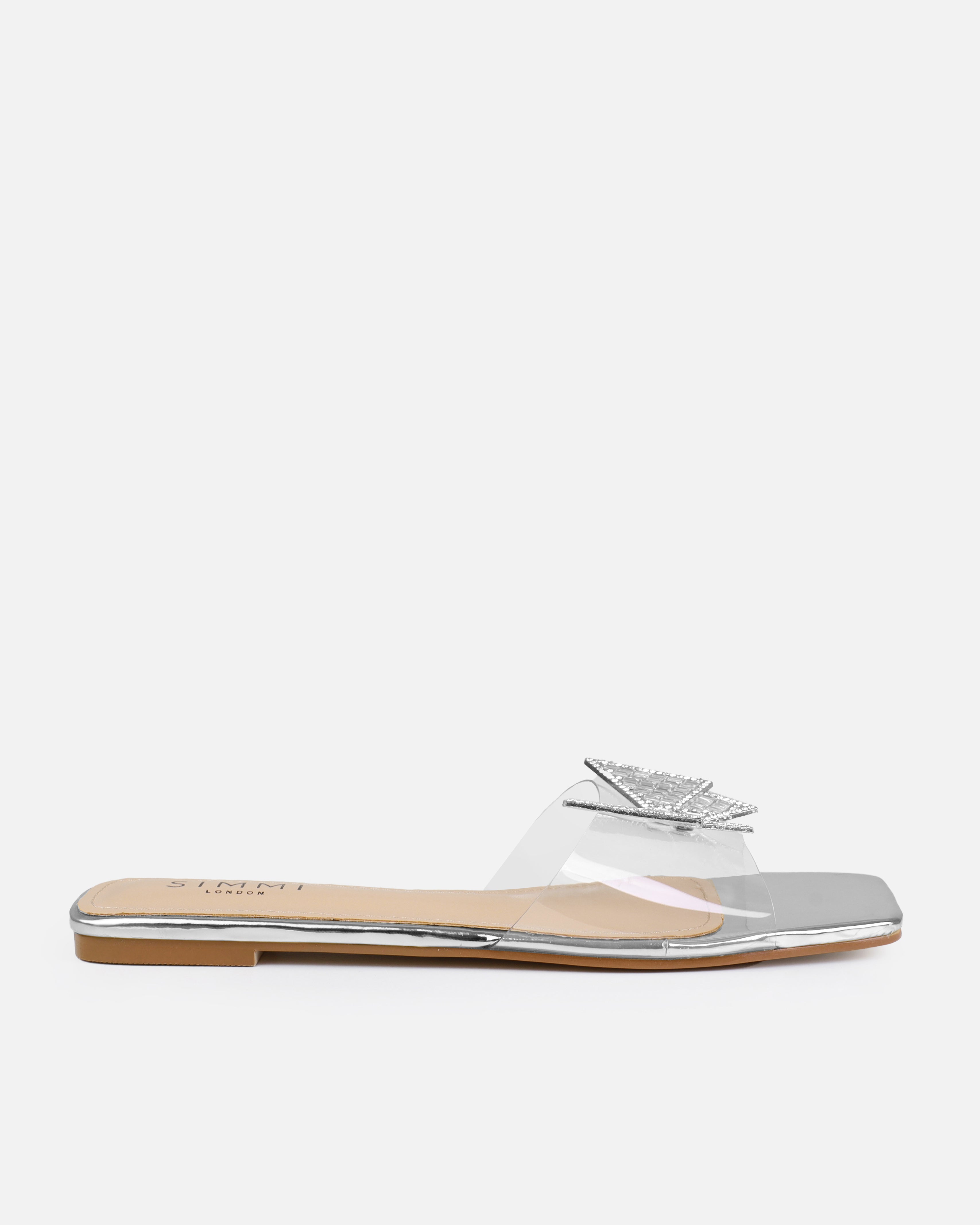 Uma Silver Clear Diamante Butterfly Flat Sandals | SIMMI London