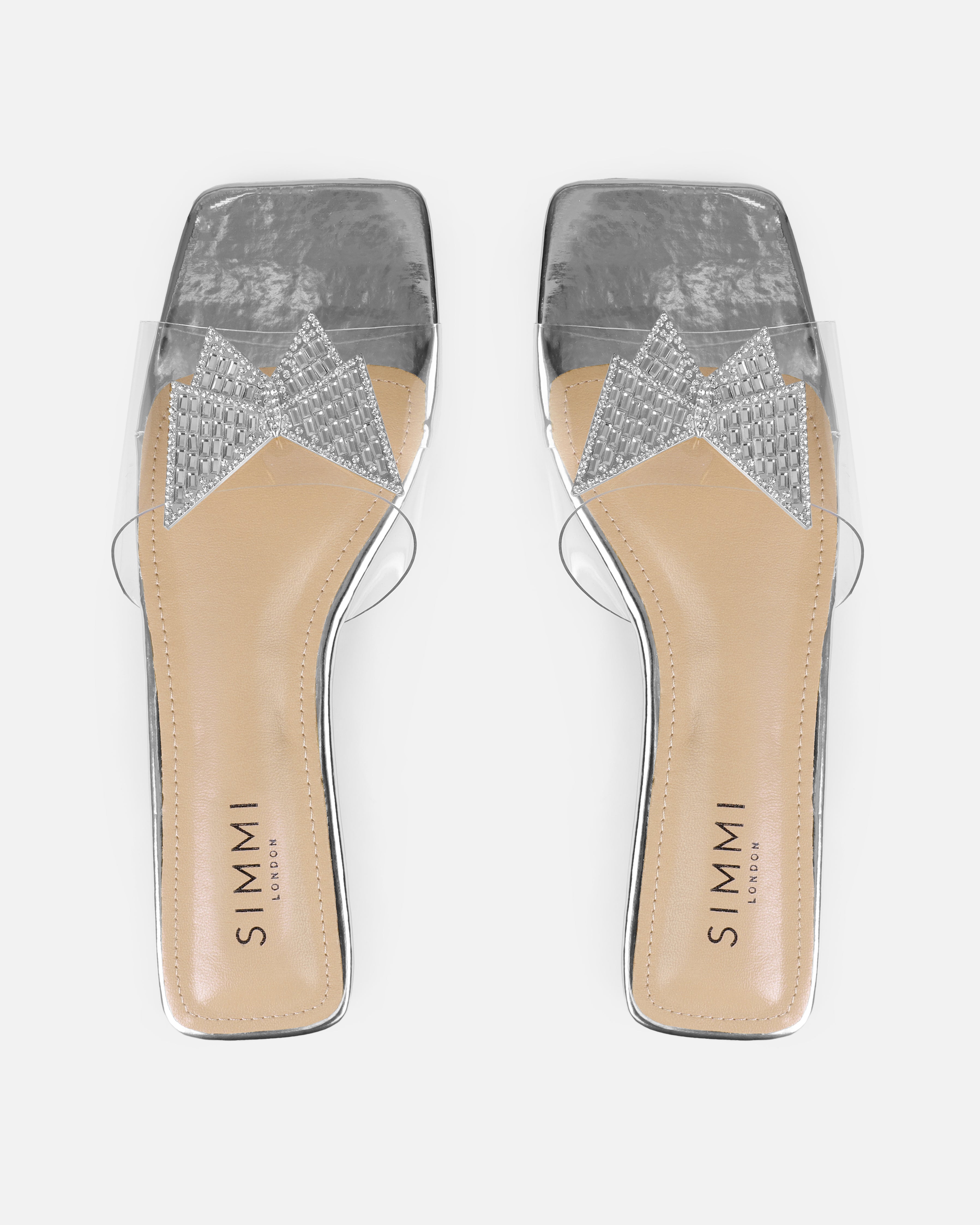 Uma Silver Clear Diamante Butterfly Flat Sandals | SIMMI London