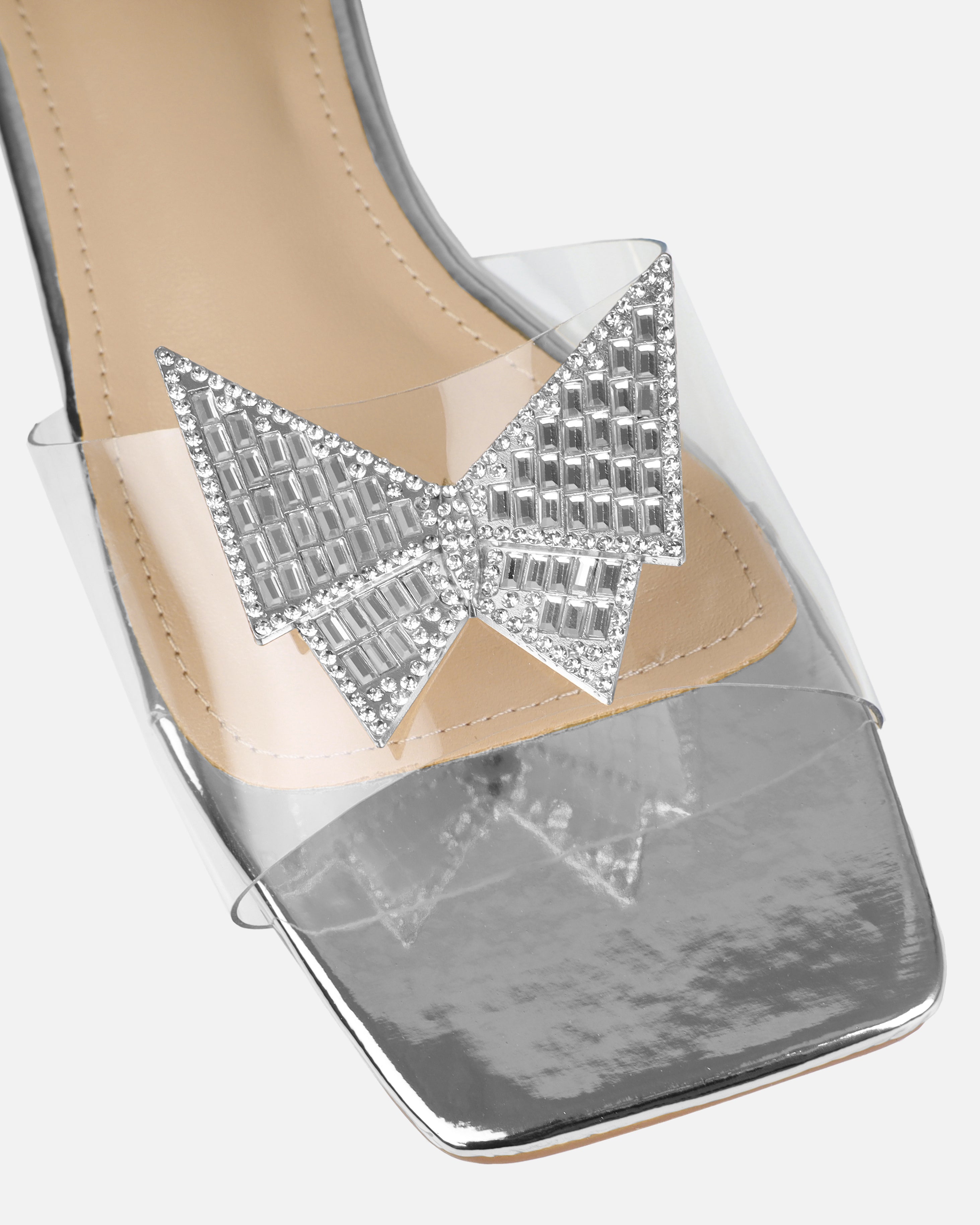 Uma Silver Clear Diamante Butterfly Flat Sandals | SIMMI London