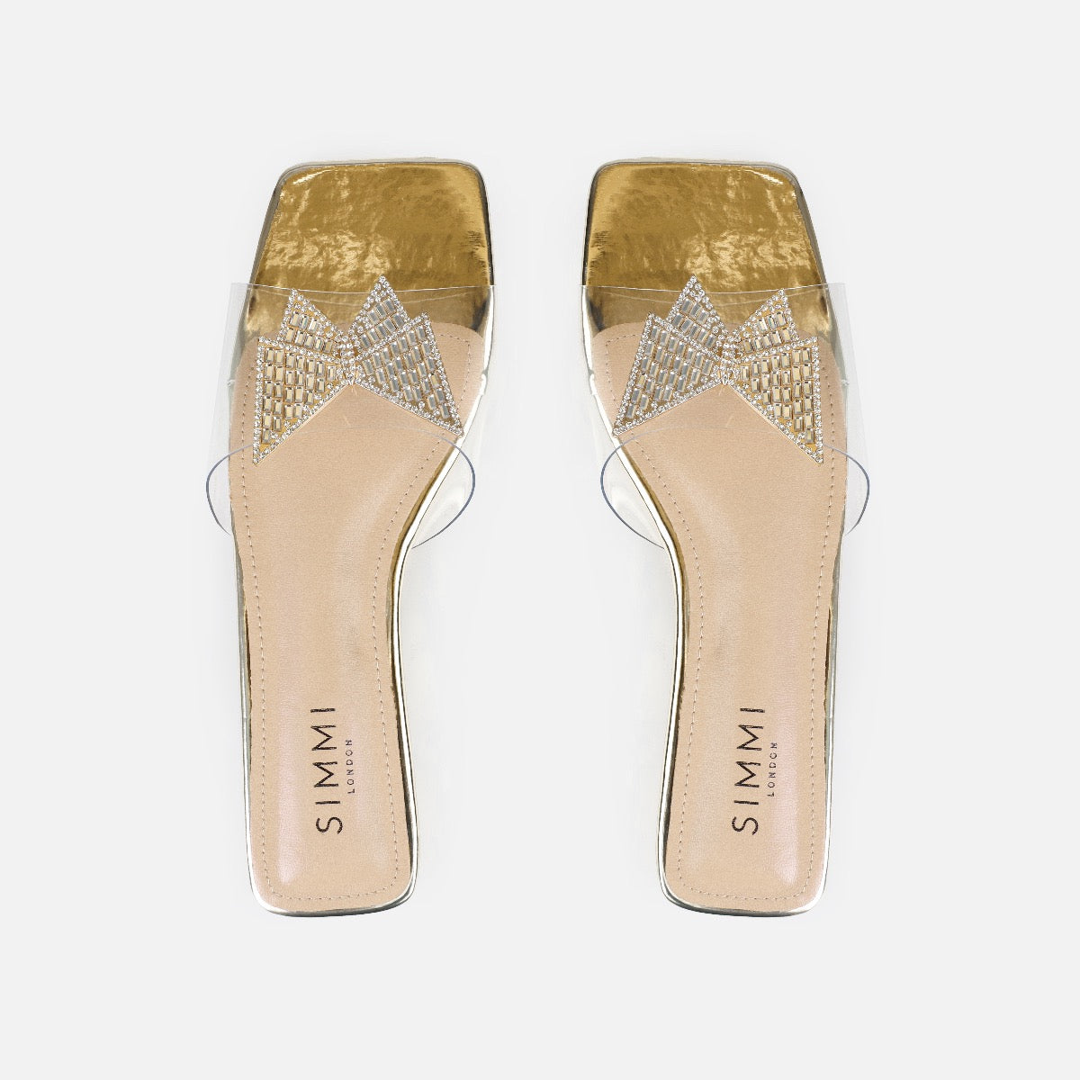 Uma Wide Fit Gold Clear Diamante Butterfly Flat Sandals | SIMMI London