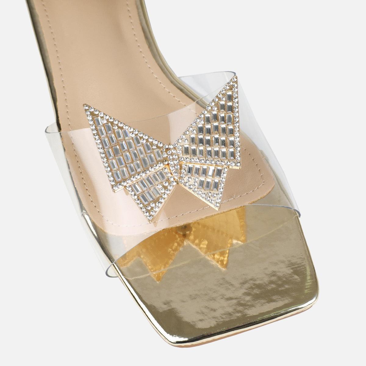 Uma Wide Fit Gold Clear Diamante Butterfly Flat Sandals | SIMMI London