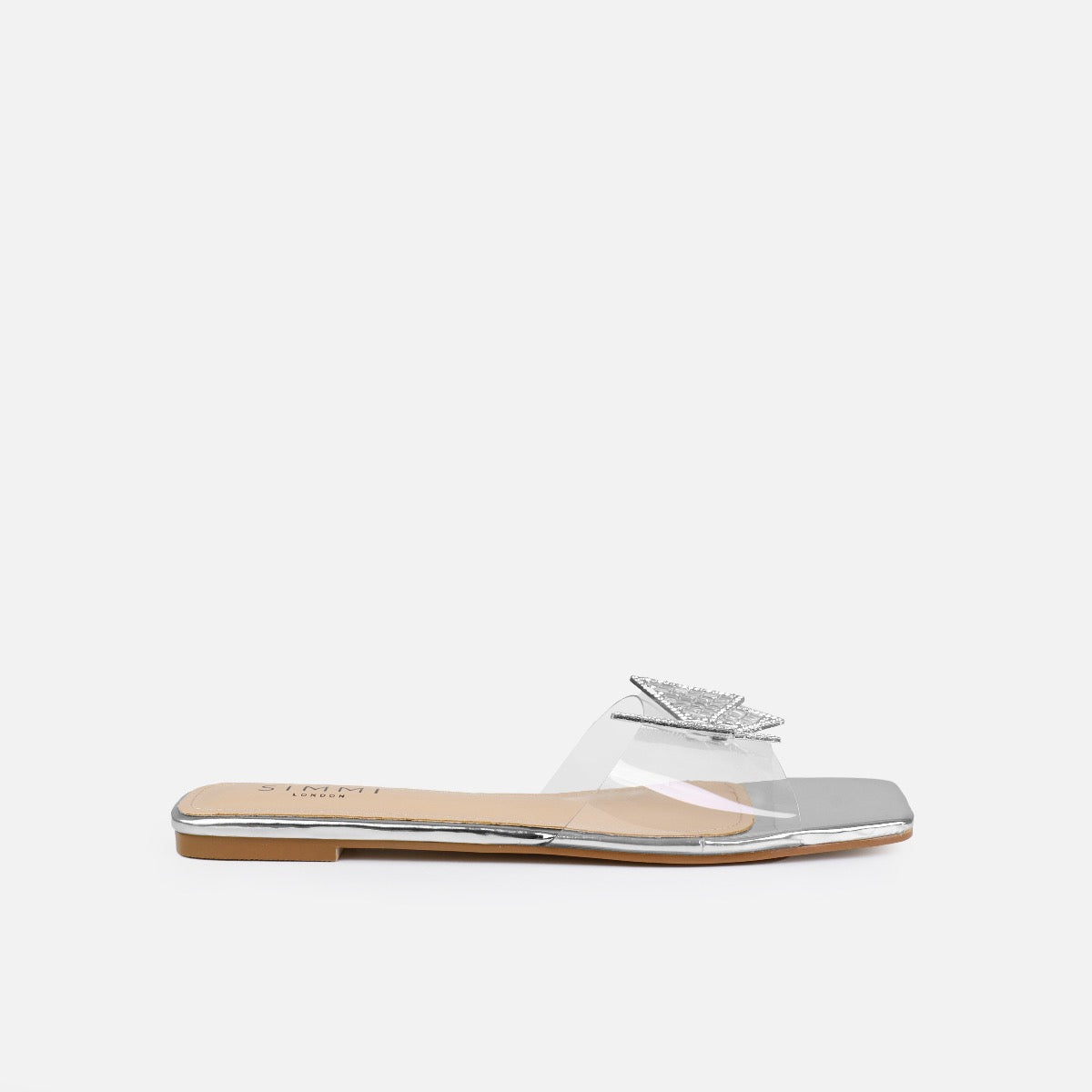 Uma Wide Fit Silver Clear Diamante Butterfly Flat Sandals | SIMMI London
