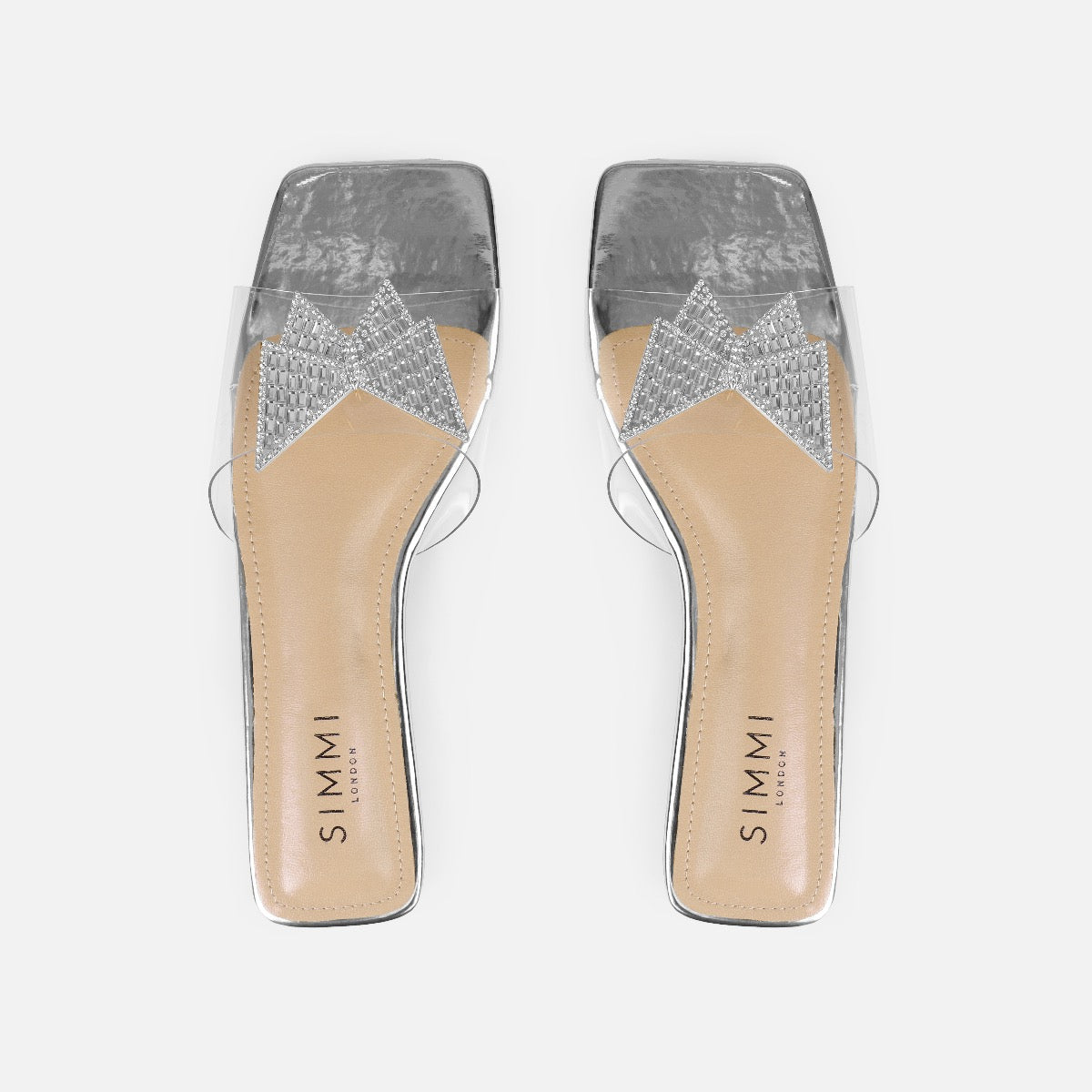 Uma Wide Fit Silver Clear Diamante Butterfly Flat Sandals | SIMMI London