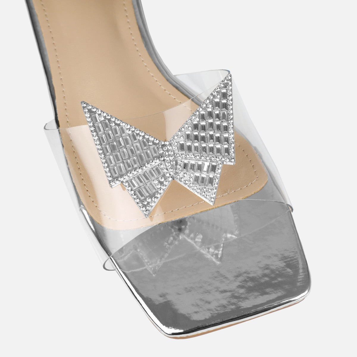 Uma Wide Fit Silver Clear Diamante Butterfly Flat Sandals | SIMMI London