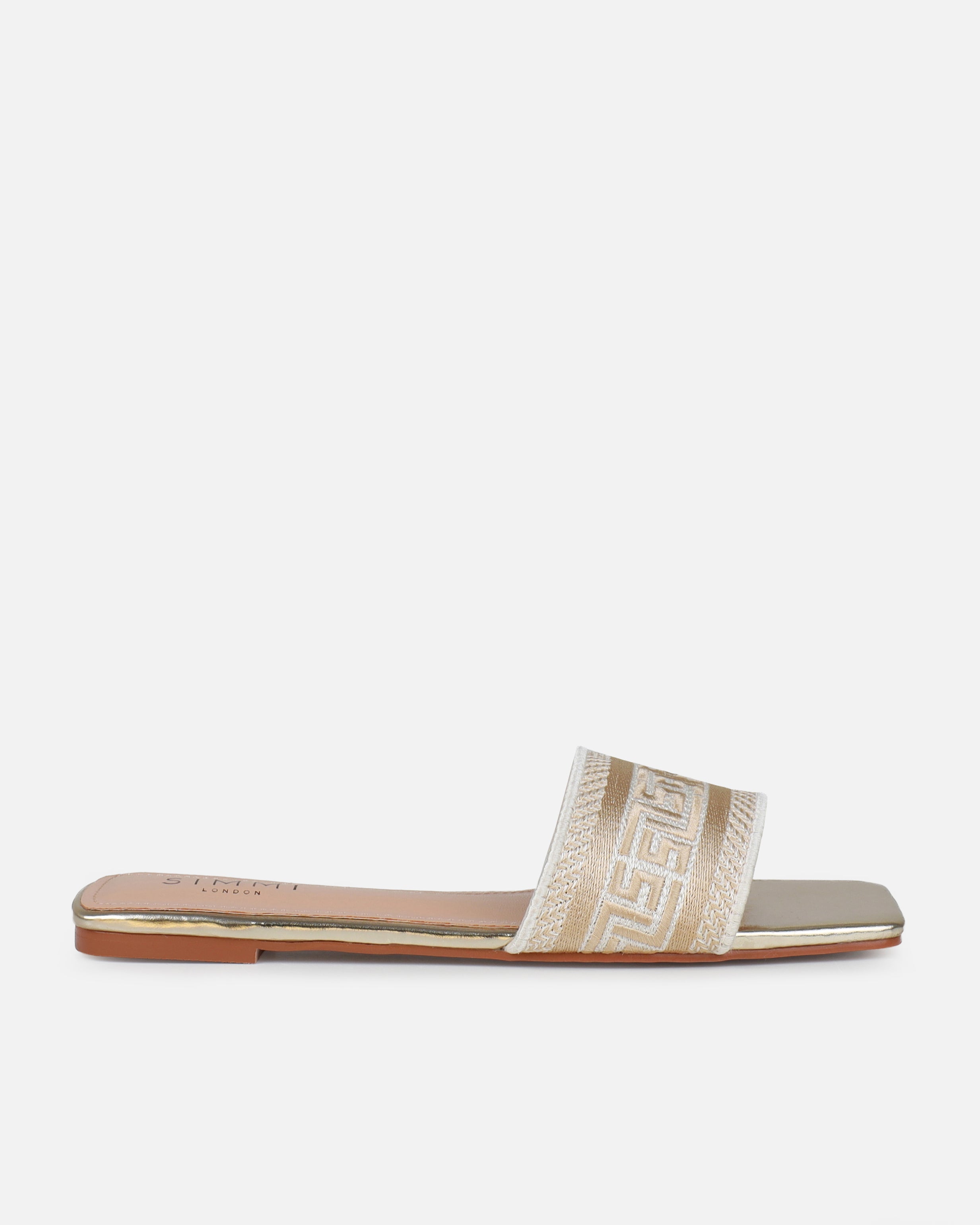 Solene Gold Embroidered Logo Flat Slides | SIMMI London