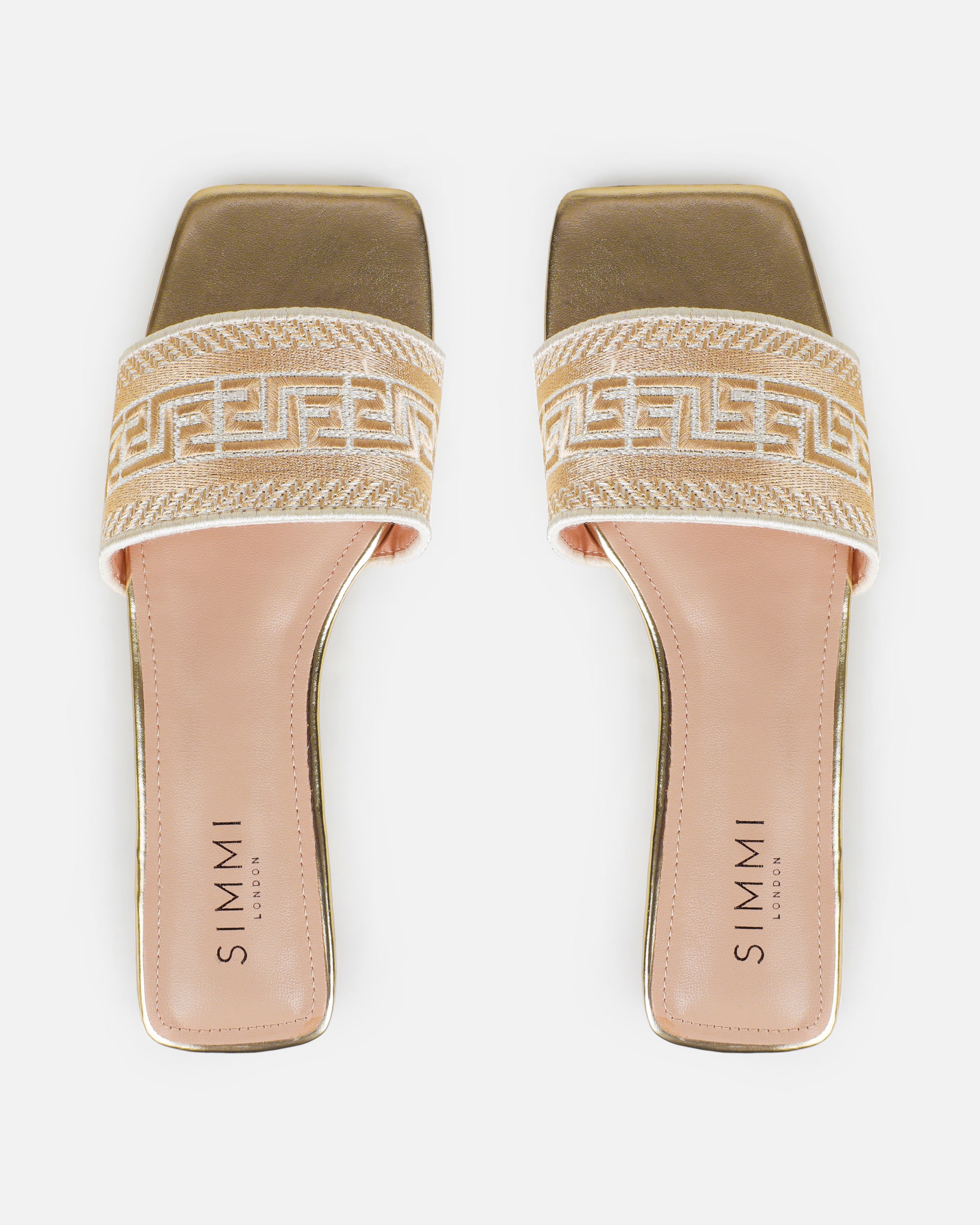 Solene Gold Embroidered Logo Flat Slides | SIMMI London