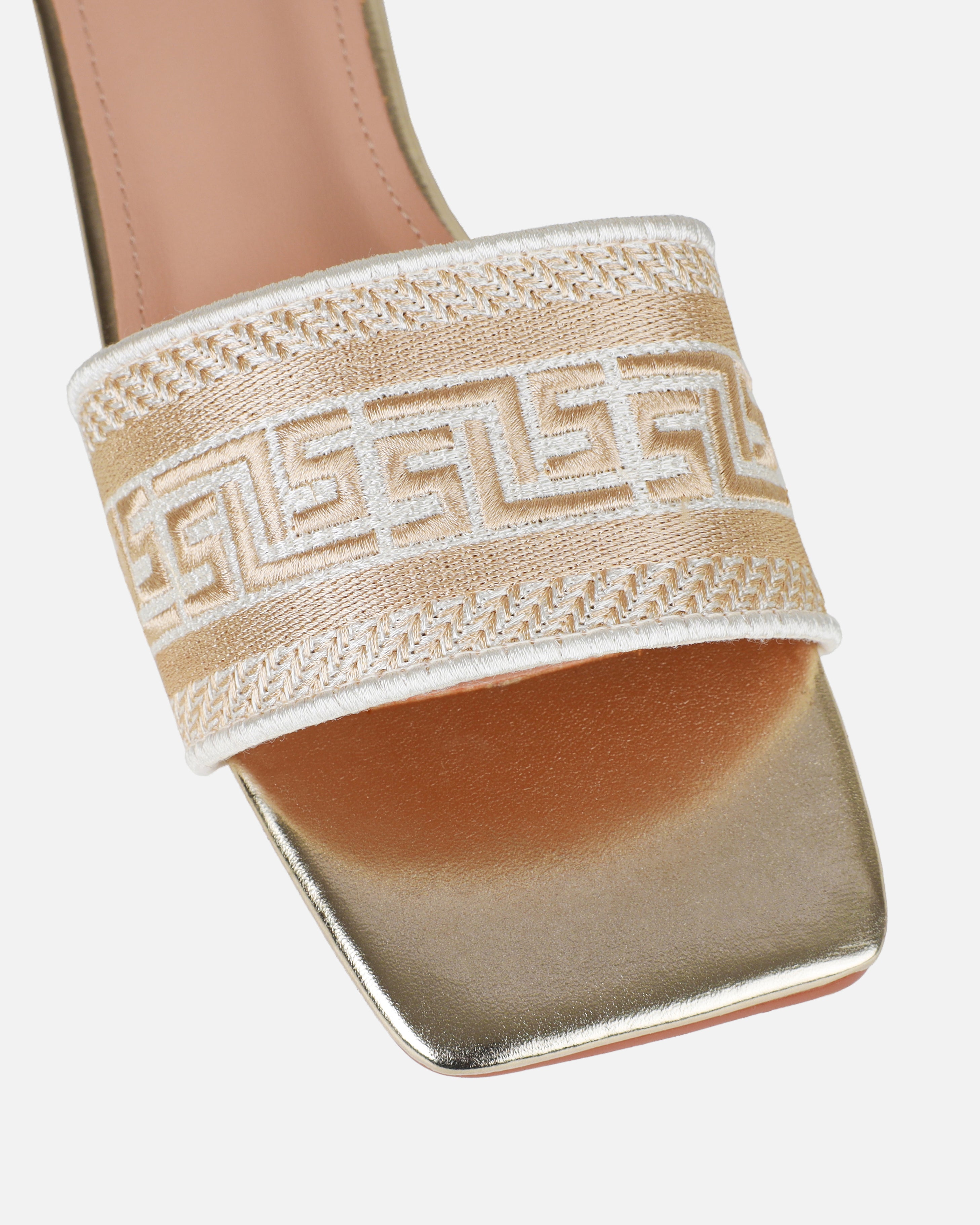 Solene Gold Embroidered Logo Flat Slides | SIMMI London