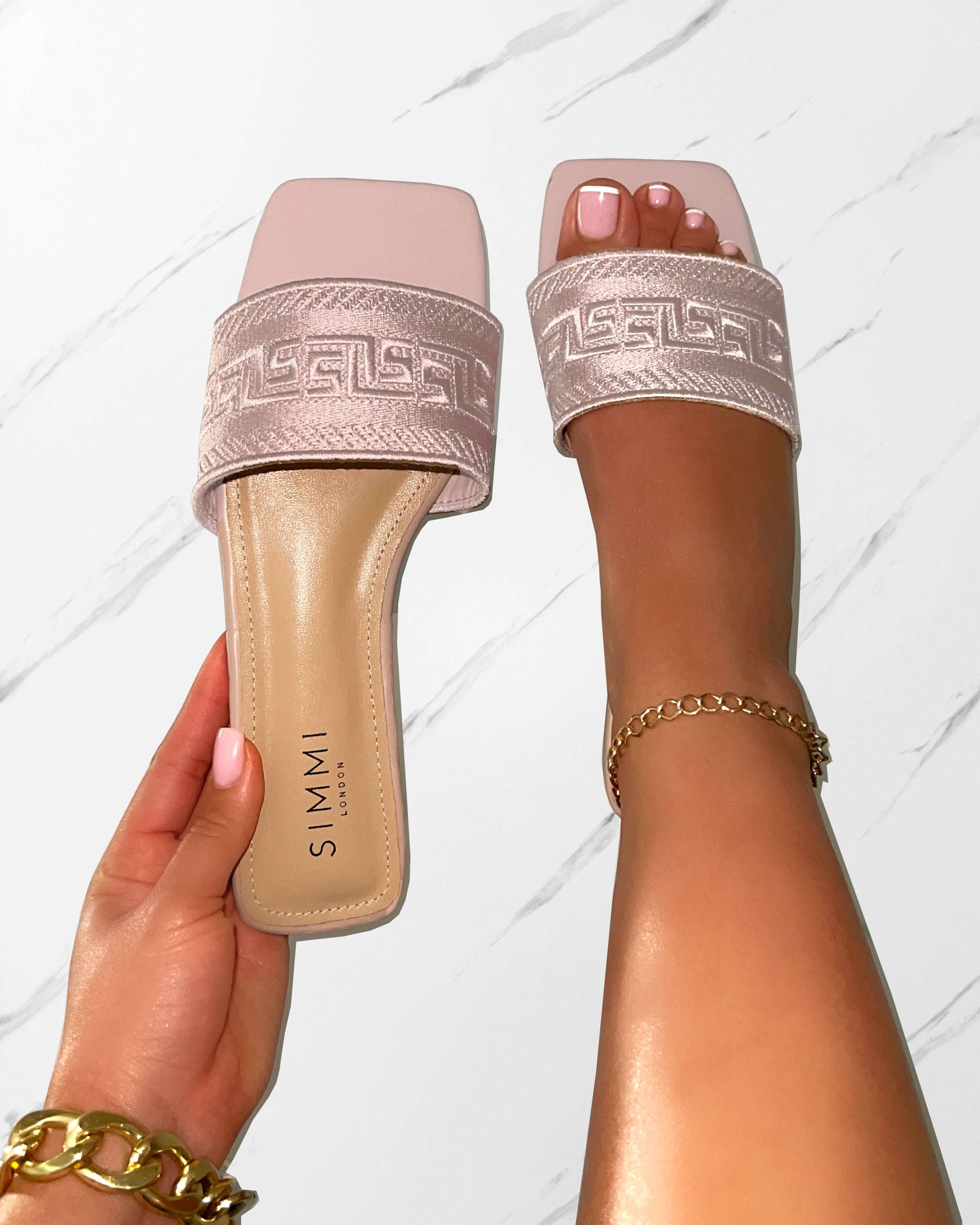 Solene Nude Embroidered Logo Flat Slides | SIMMI London