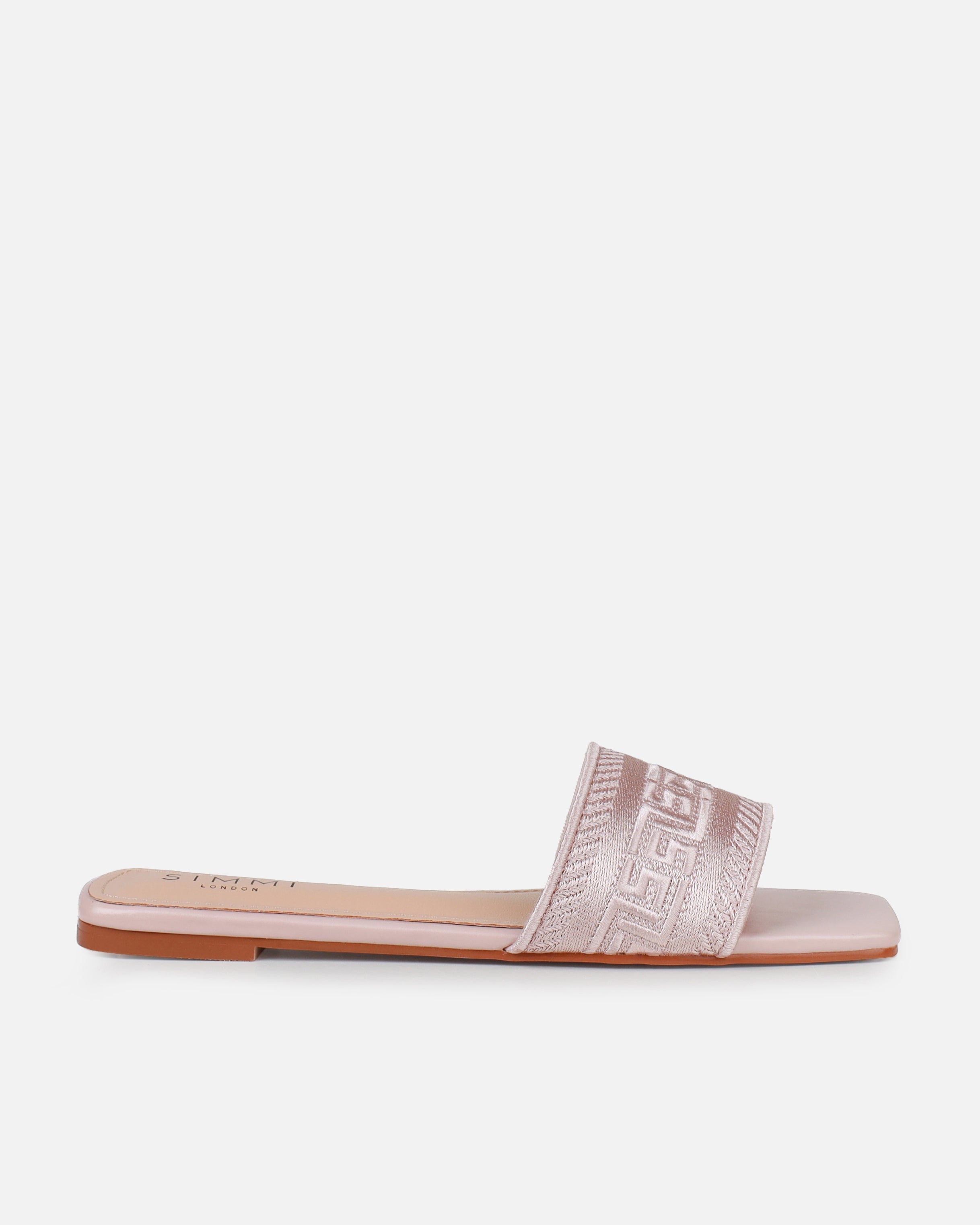 Solene Nude Embroidered Logo Flat Slides | SIMMI London