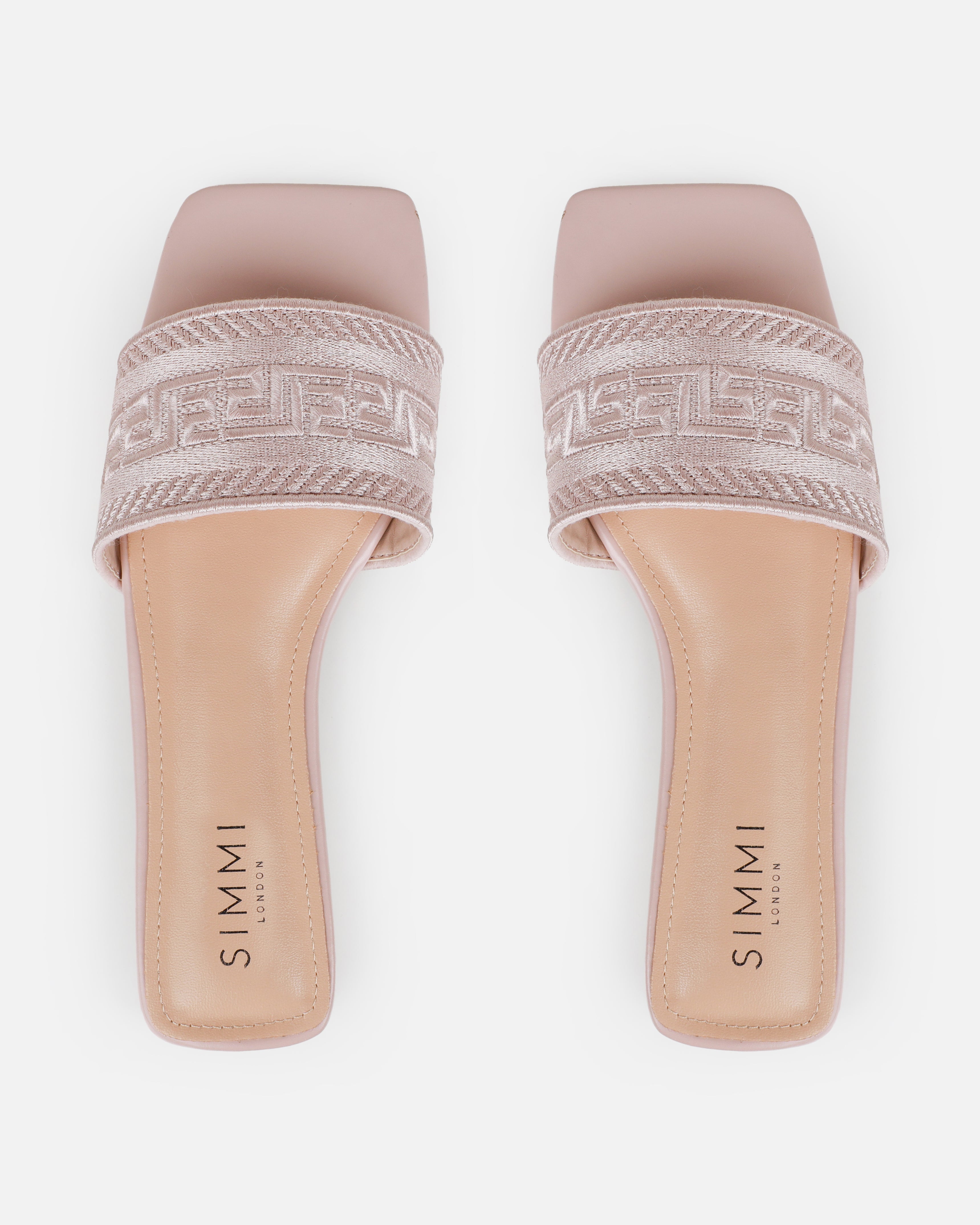 Solene Nude Embroidered Logo Flat Slides | SIMMI London