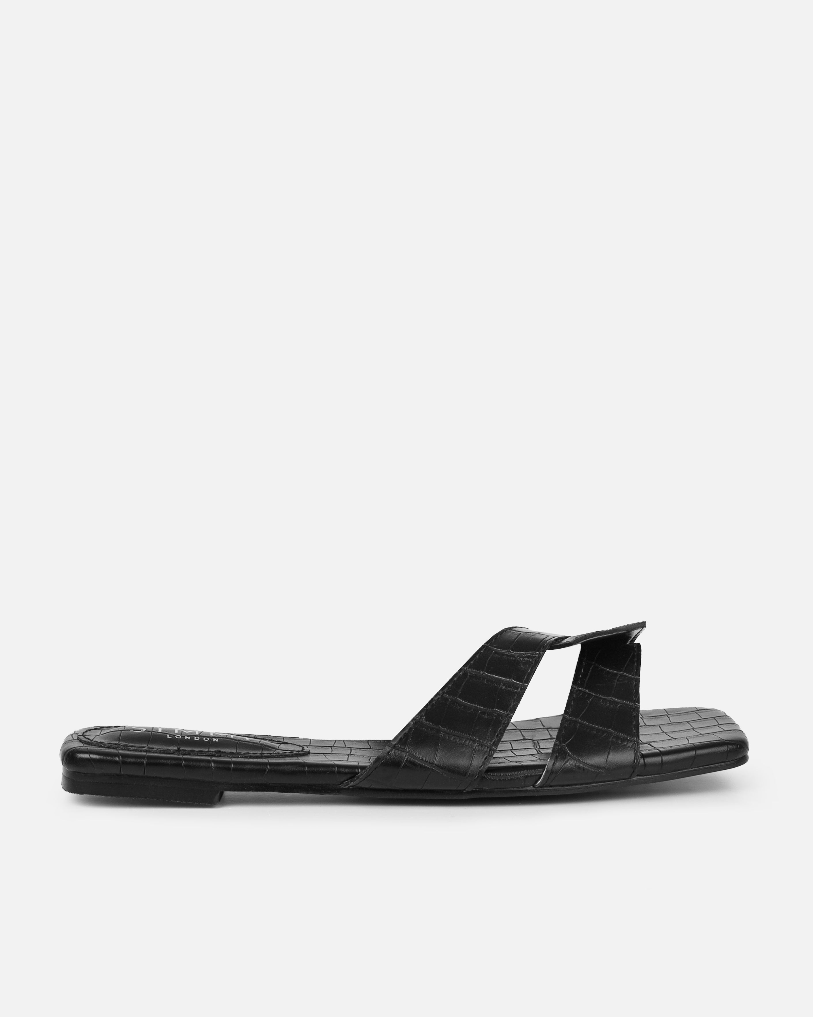 Cherie Black Faux Croc Print Flat Sandals| SIMMI London