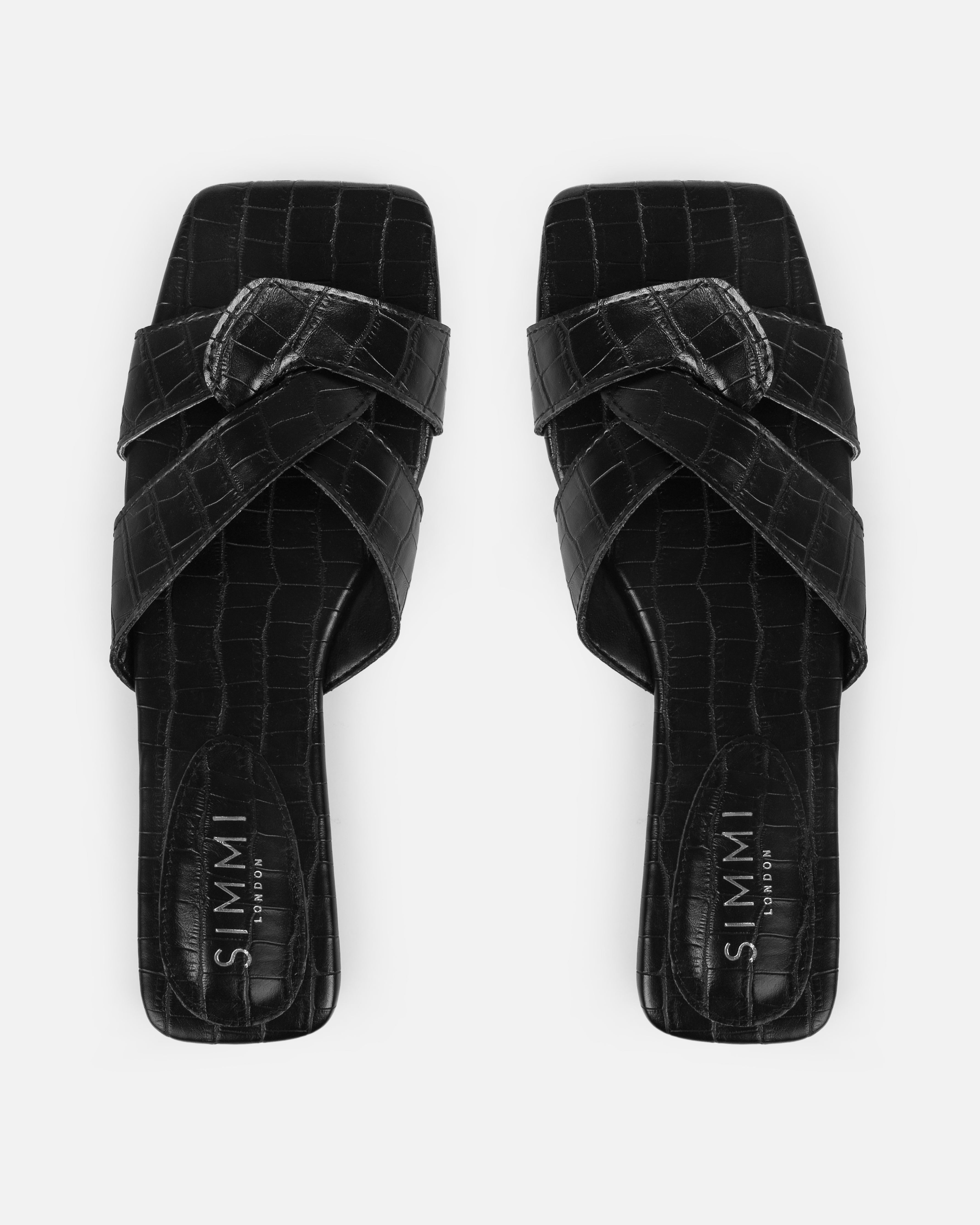 Cherie Black Faux Croc Print Flat Sandals | SIMMI London