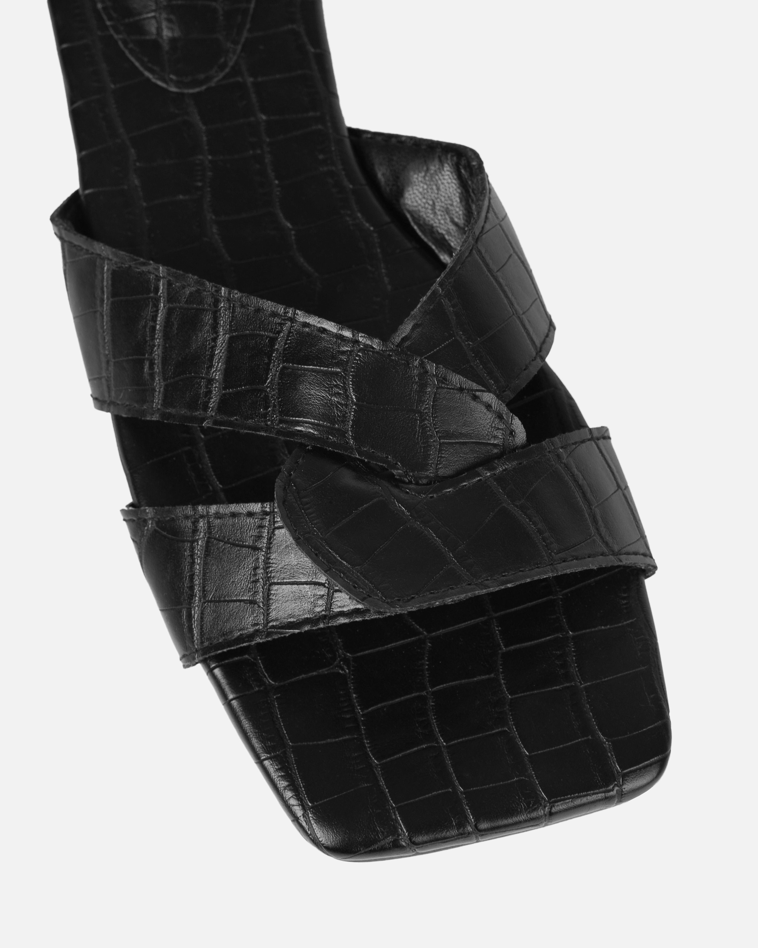 Cherie Black Faux Croc Print Flat Sandals| SIMMI London