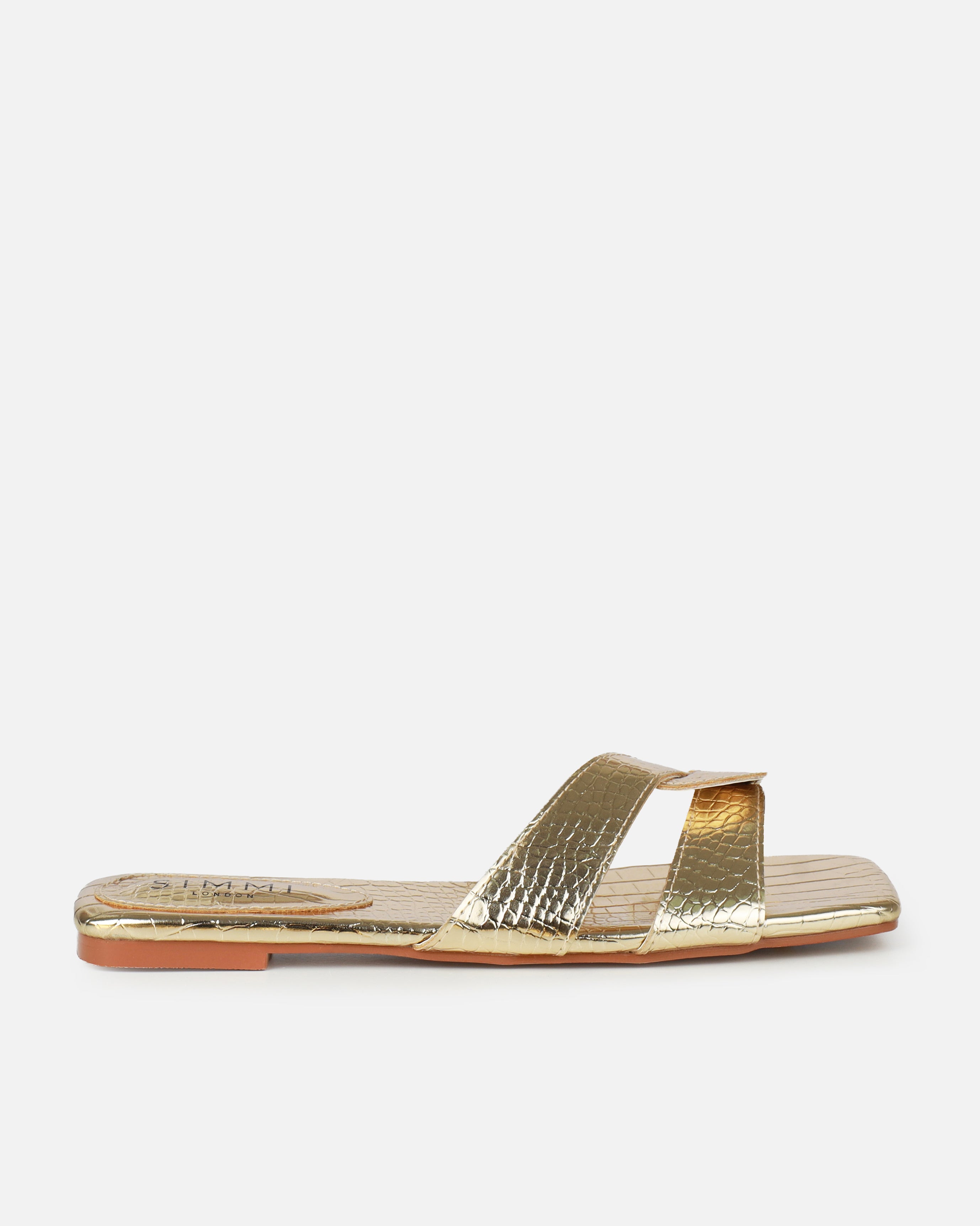 Cherie Gold Metallic Faux Croc Print Flat Sandals | SIMMI London