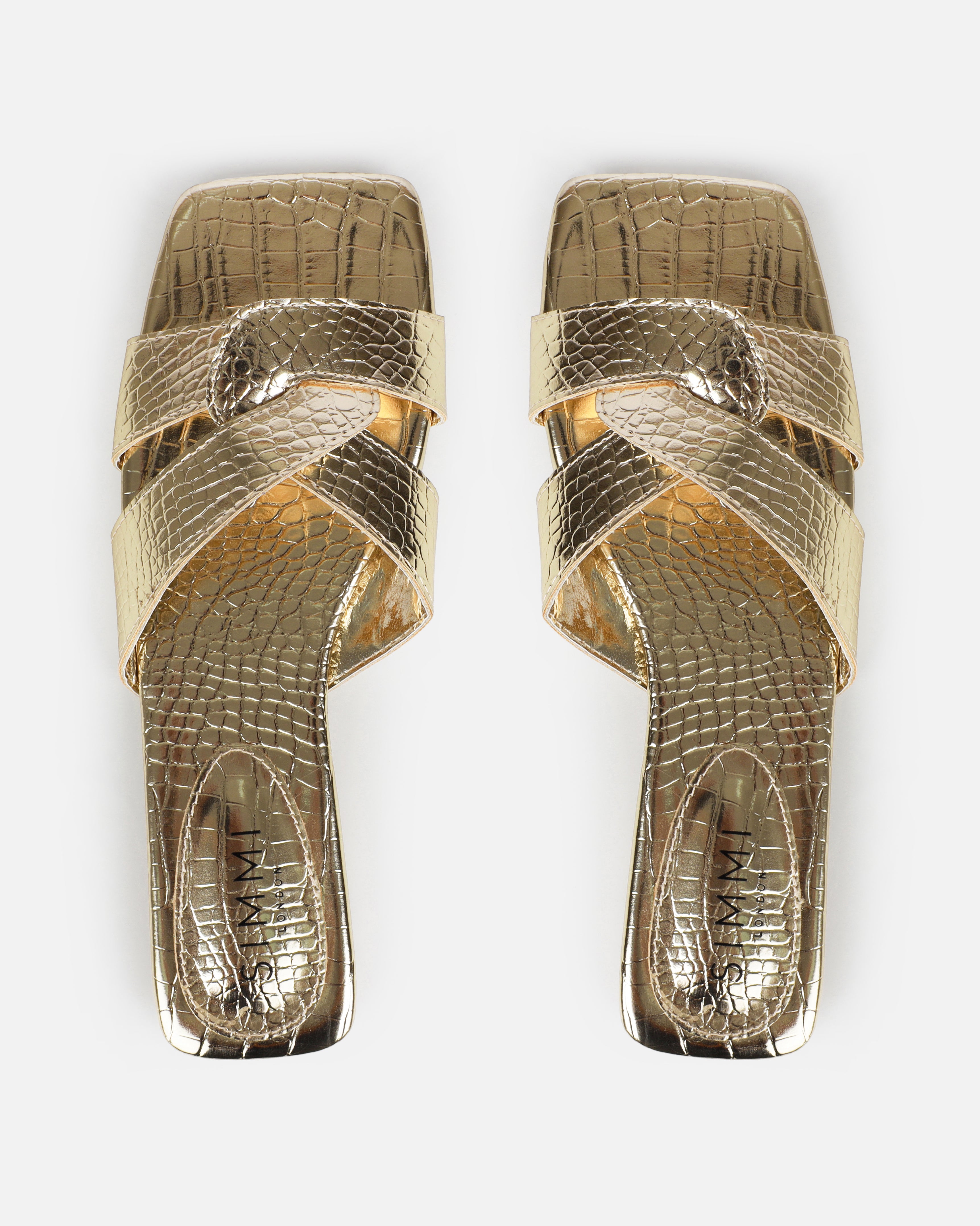 Cherie Gold Metallic Faux Croc Print Flat Sandals | SIMMI London