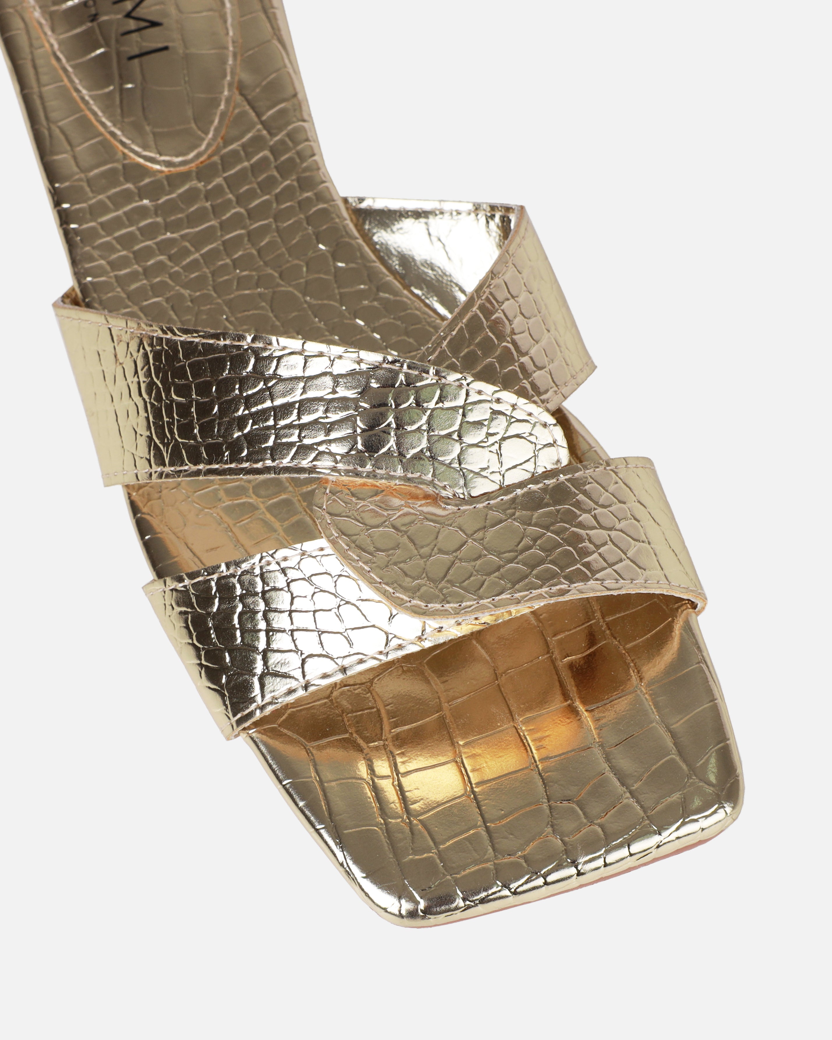 Cherie Gold Metallic Faux Croc Print Flat Sandals | SIMMI London