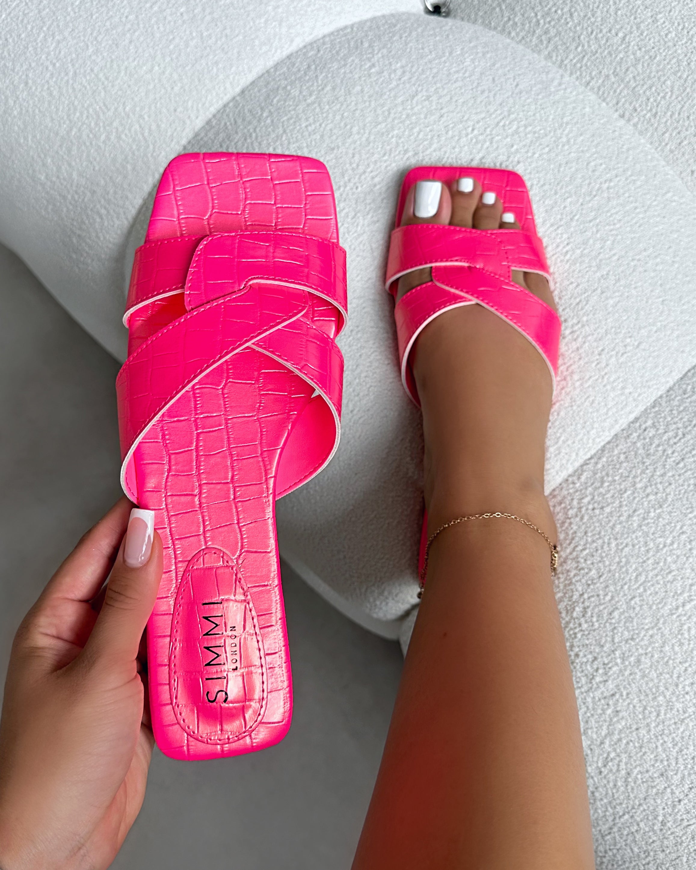 Cherie Hot Pink Faux Croc Print Flat Sandals | SIMMI London