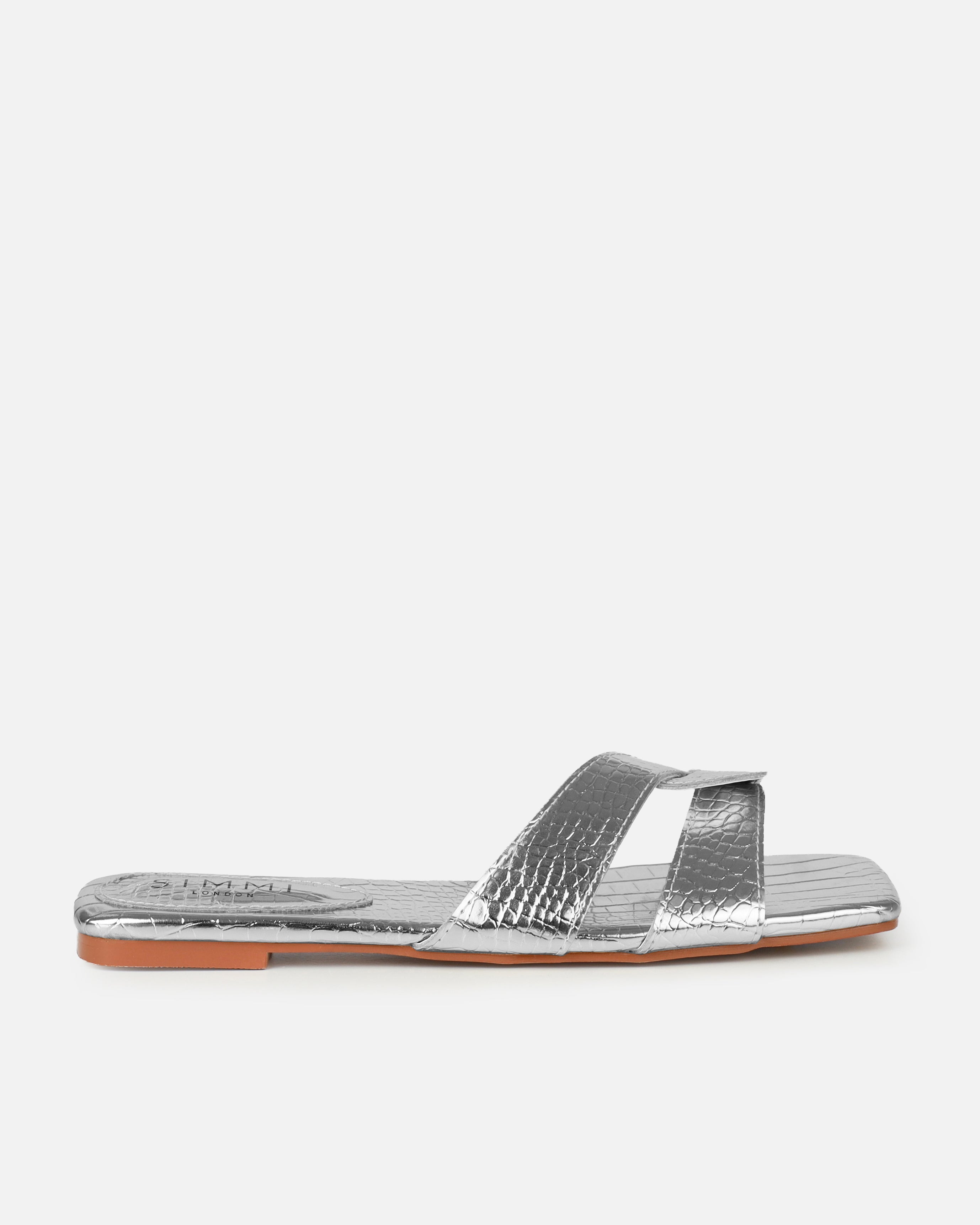 Cherie Silver Faux Croc Print Flat Sandals | SIMMI London