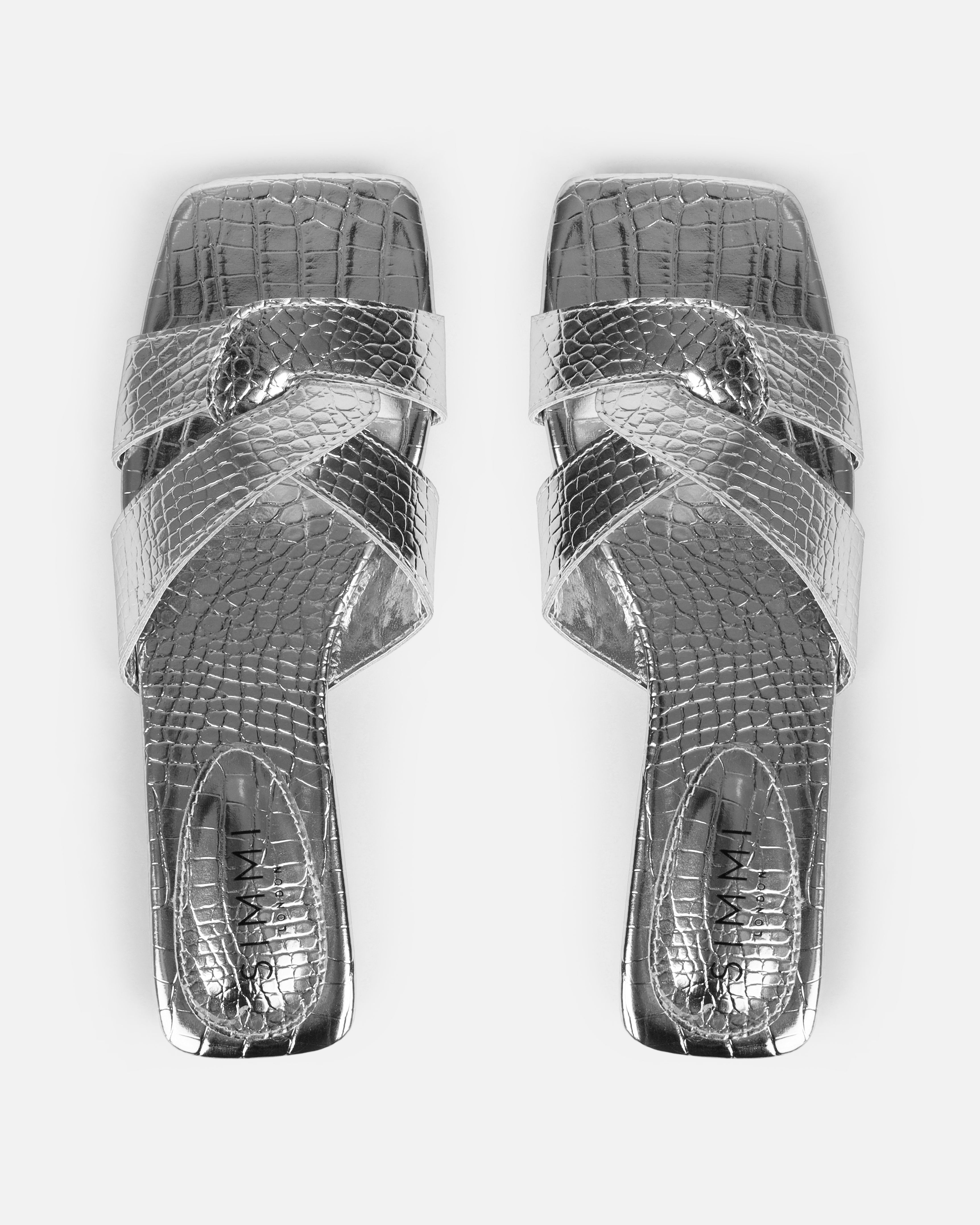 Cherie Silver Faux Croc Print Flat Sandals | SIMMI London