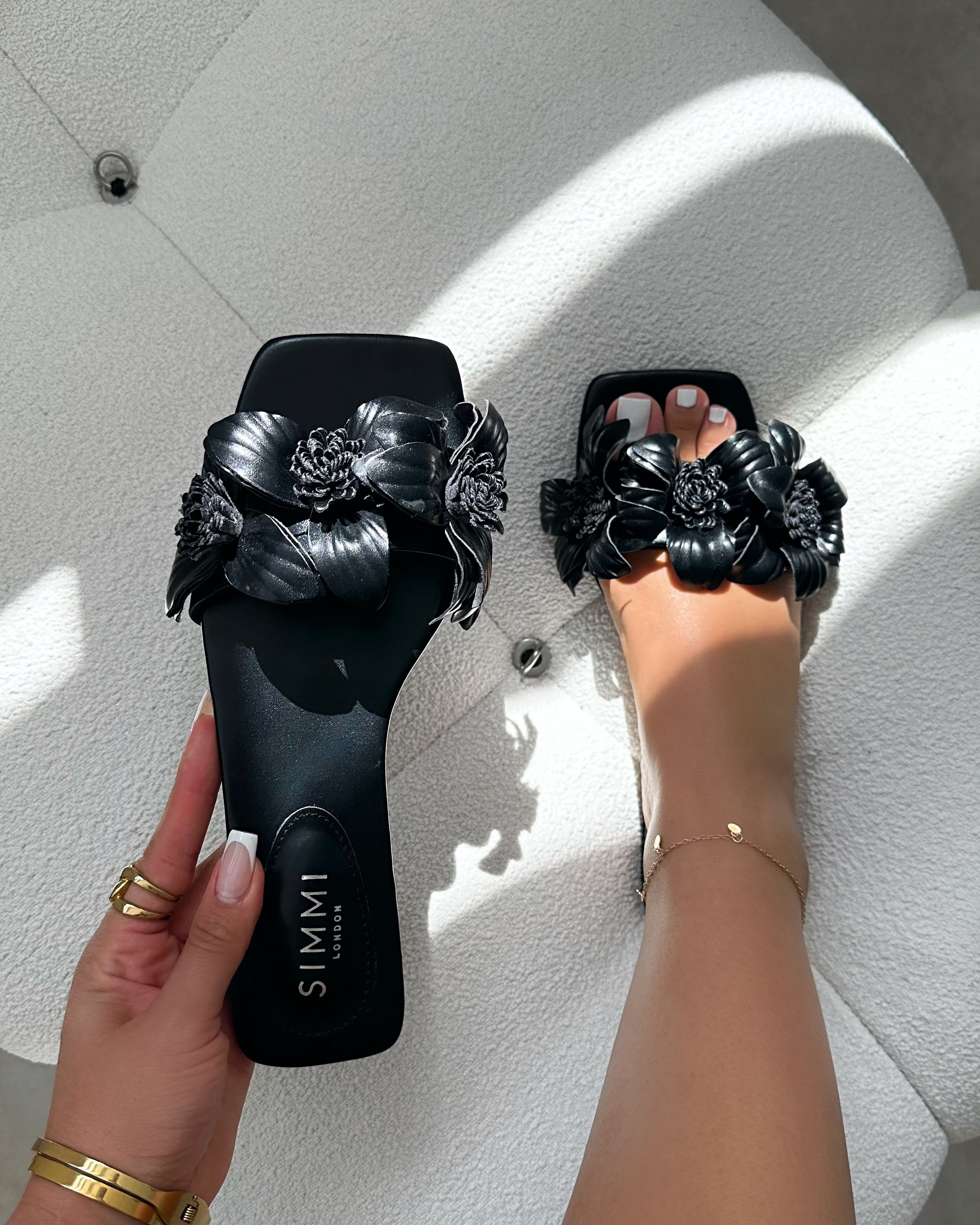 Miray Black Flower Flat Slides | SIMMI London
