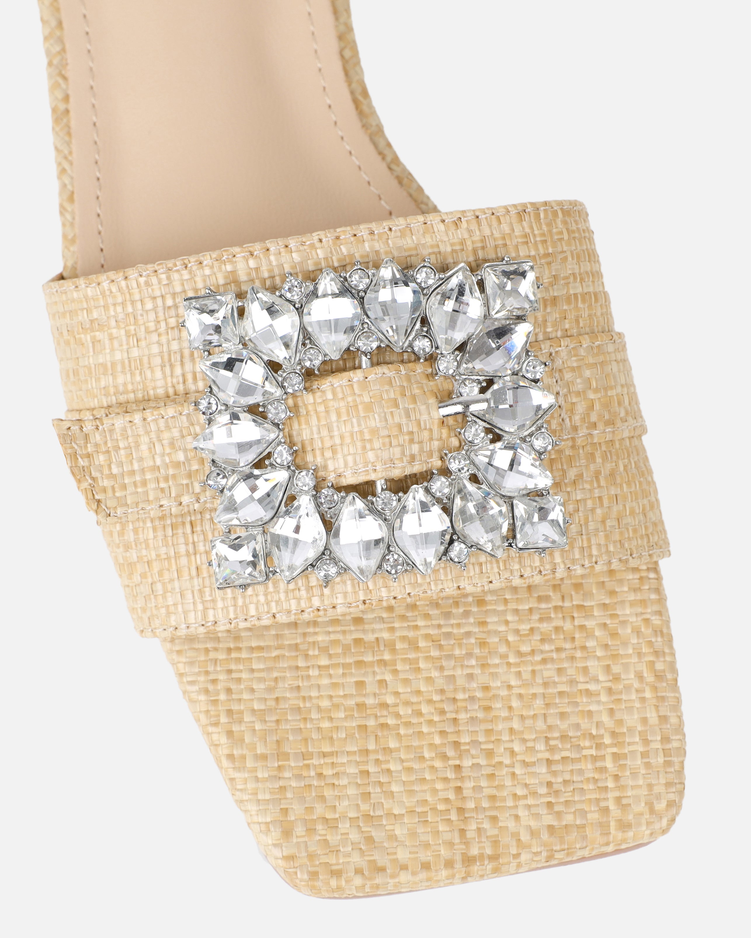 Cyra Beige Raffia Diamante Flat Sandals | SIMMI London