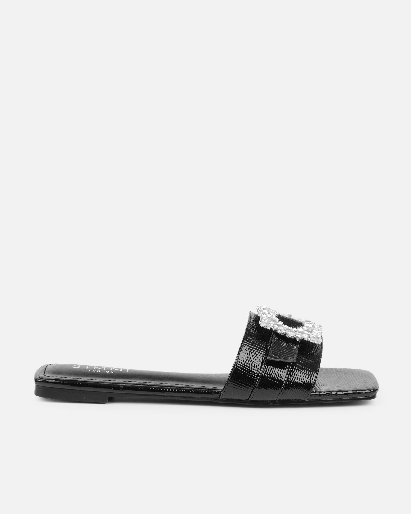 Cyra black lizard effect diamante flat sandals |SIMMI London