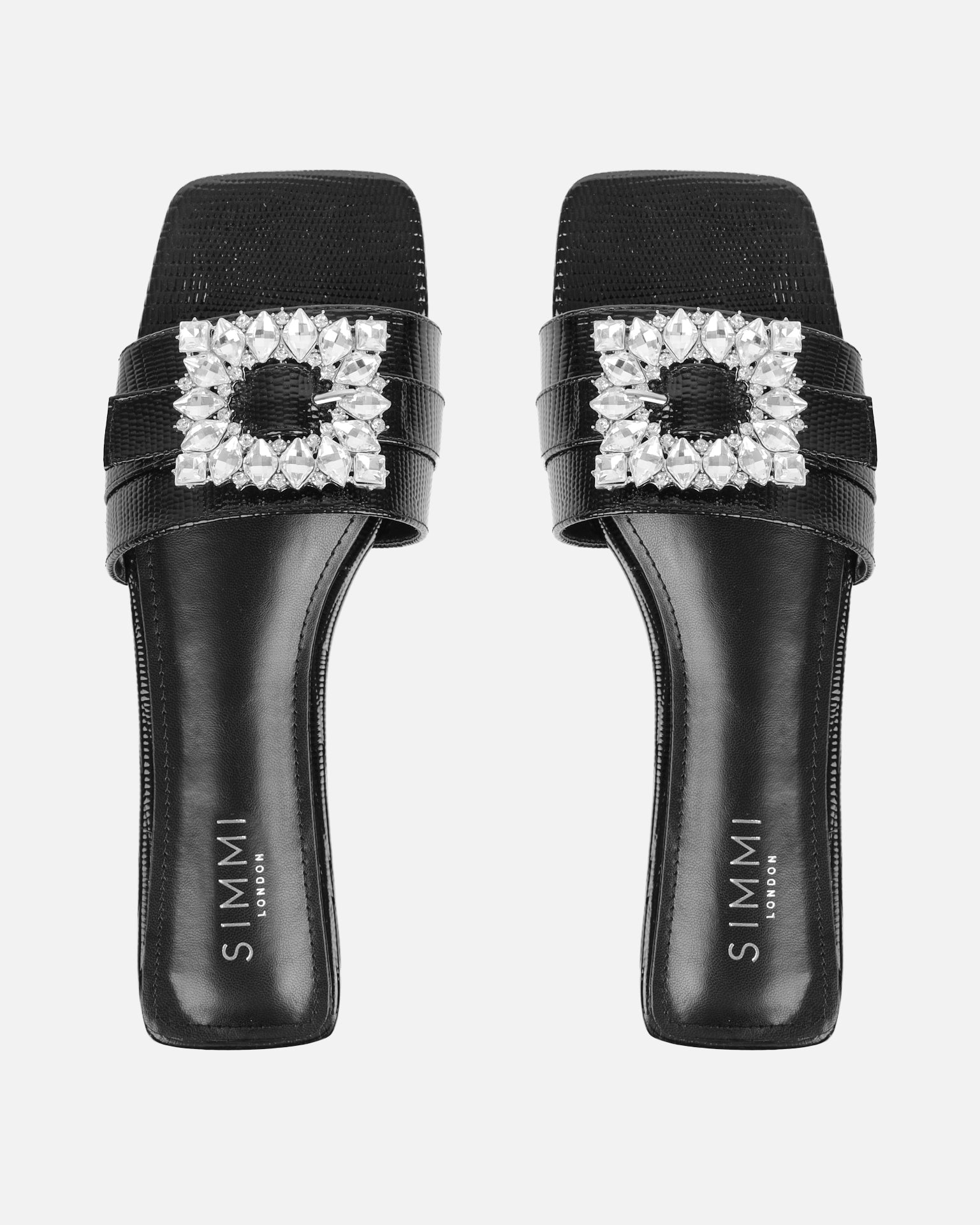 Cyra black lizard effect diamante flat sandals |SIMMI London