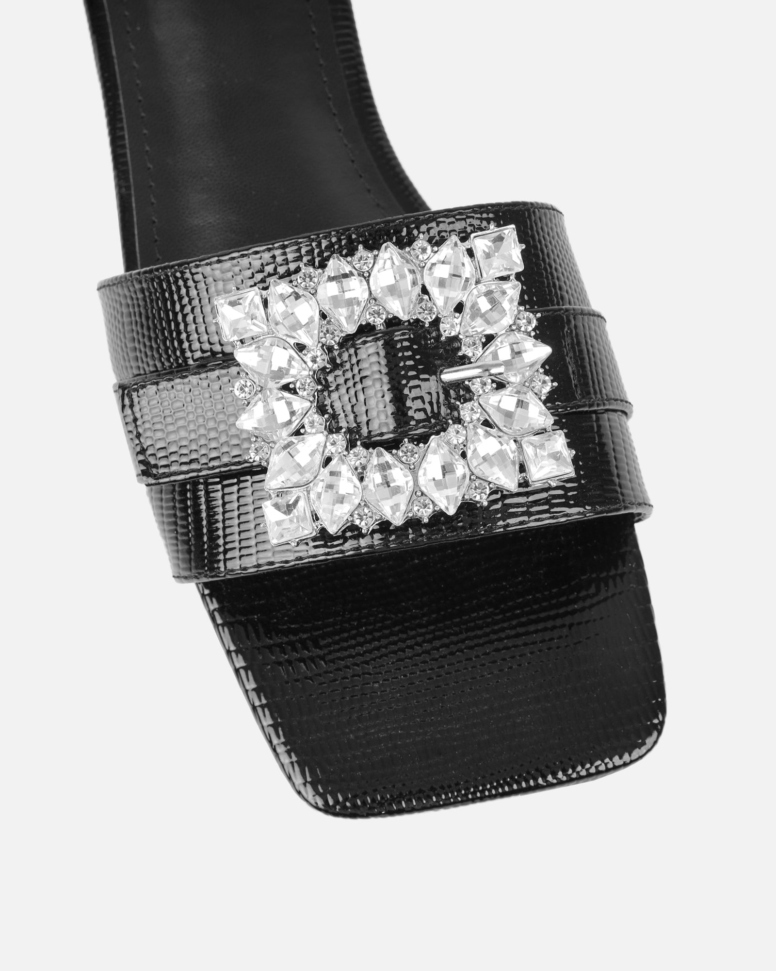 Cyra black lizard effect diamante flat sandals |SIMMI London