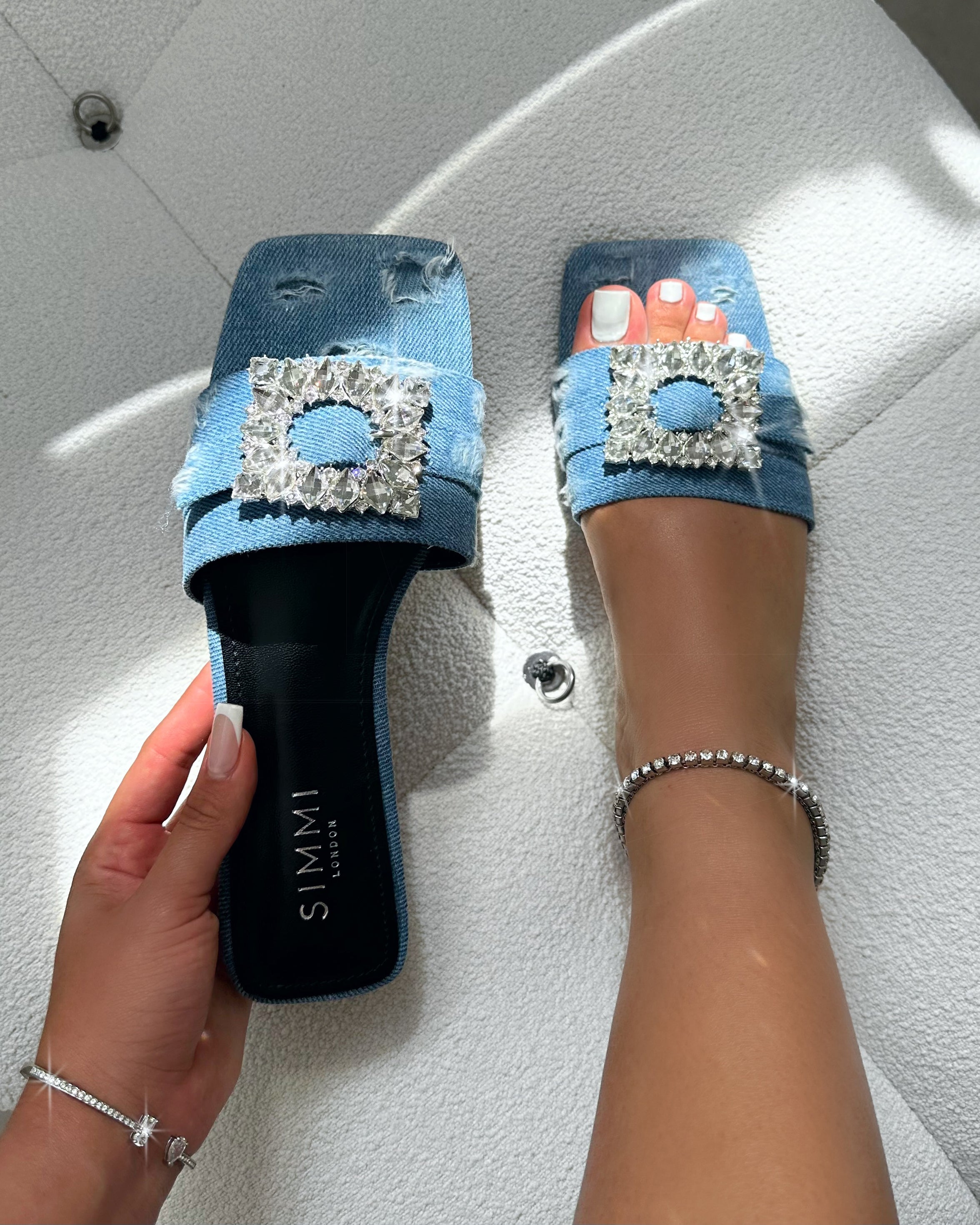 Cyra Blue Denim Diamante Flat Sandals | SIMMI London