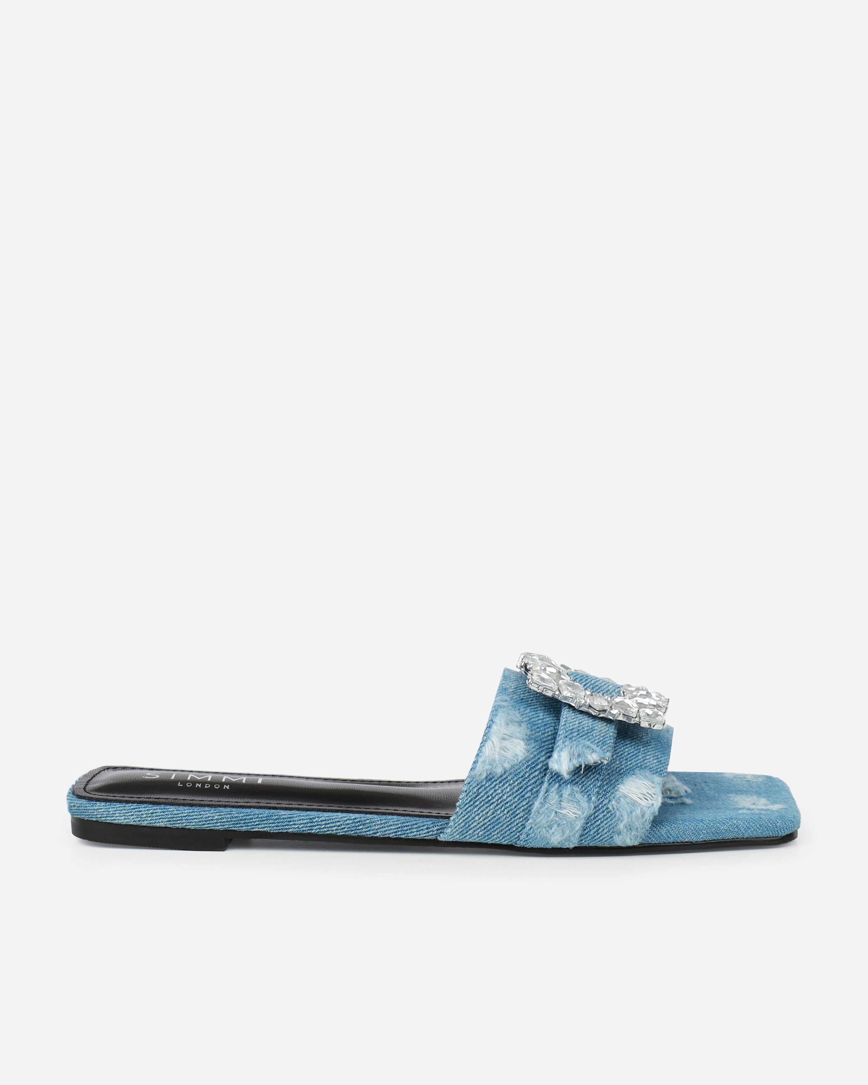 Cyra Blue Denim Diamante Flat Sandals | SIMMI London