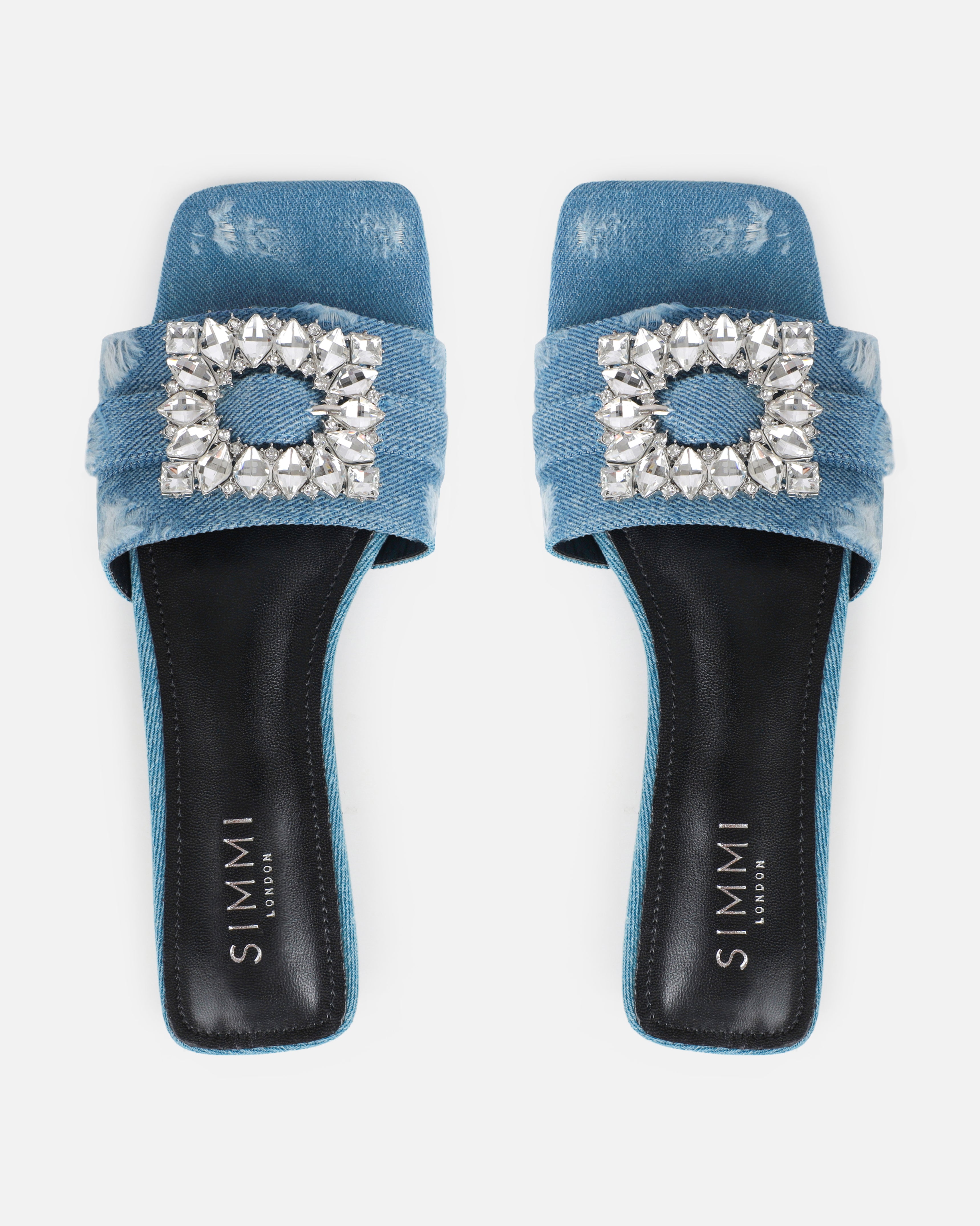 Cyra Blue Denim Diamante Flat Sandals | SIMMI London