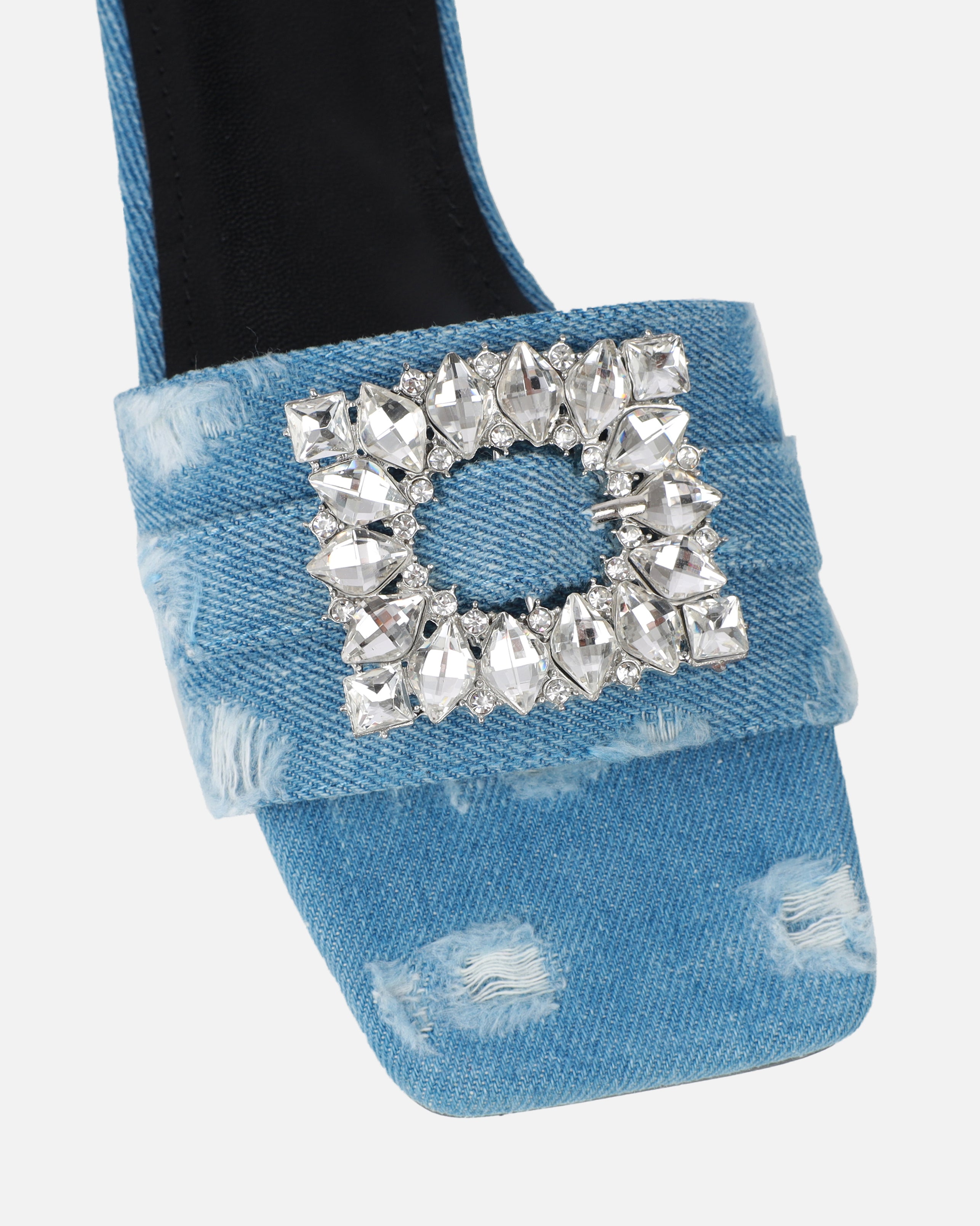 Cyra Blue Denim Diamante Flat Sandals | SIMMI London