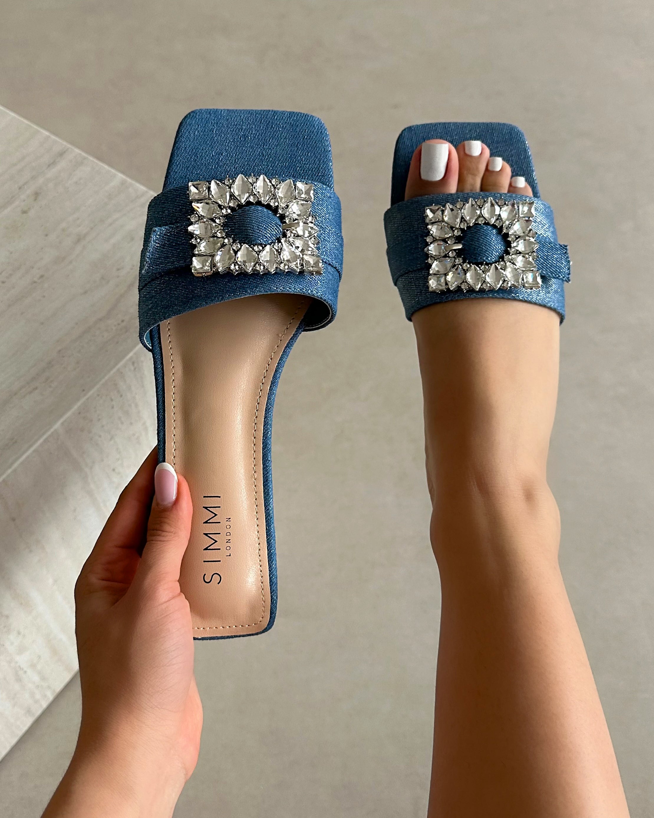 Cyra silver denim diamante flat sandals | SIMMI London