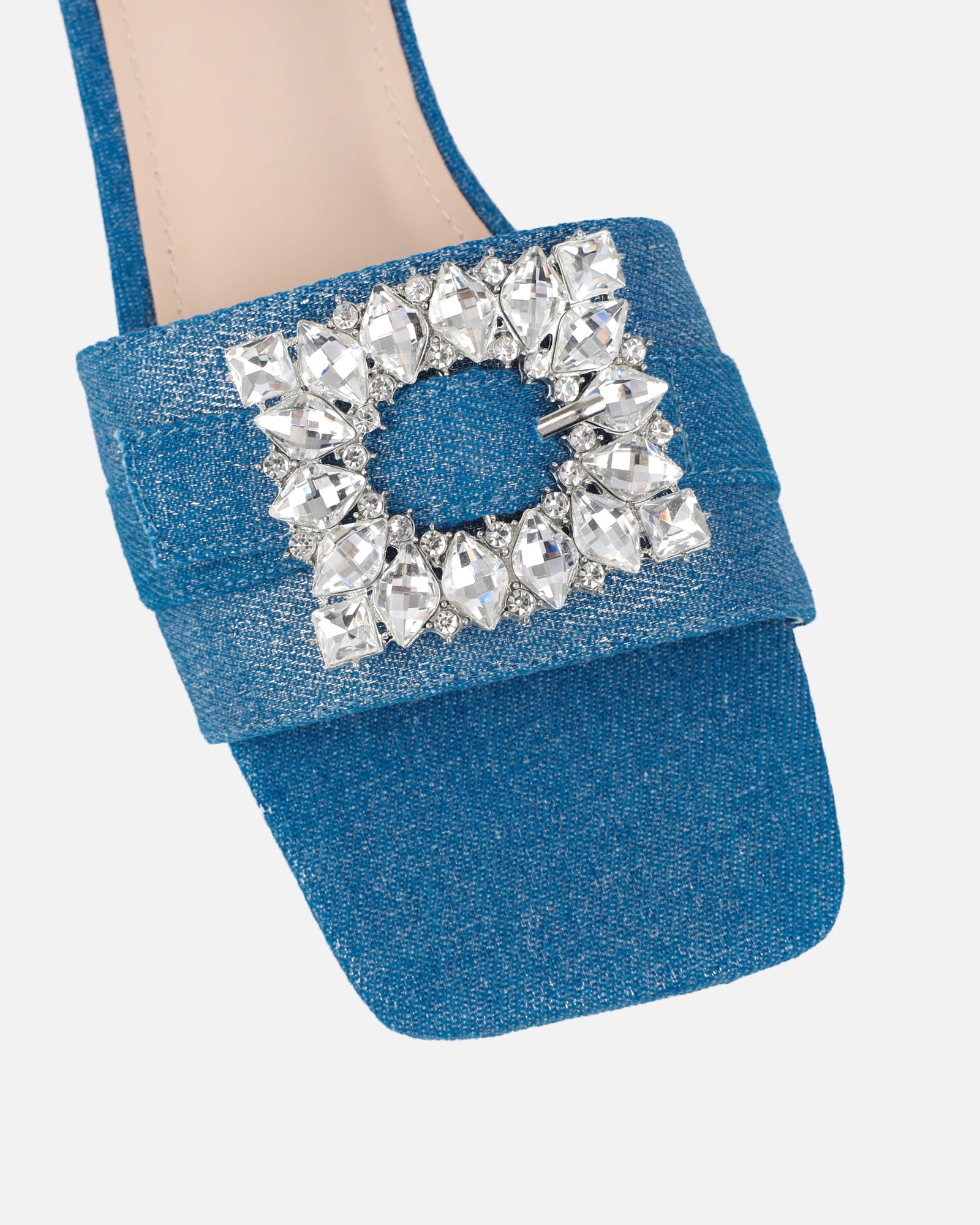 Cyra silver denim diamante flat sandals | SIMMI London