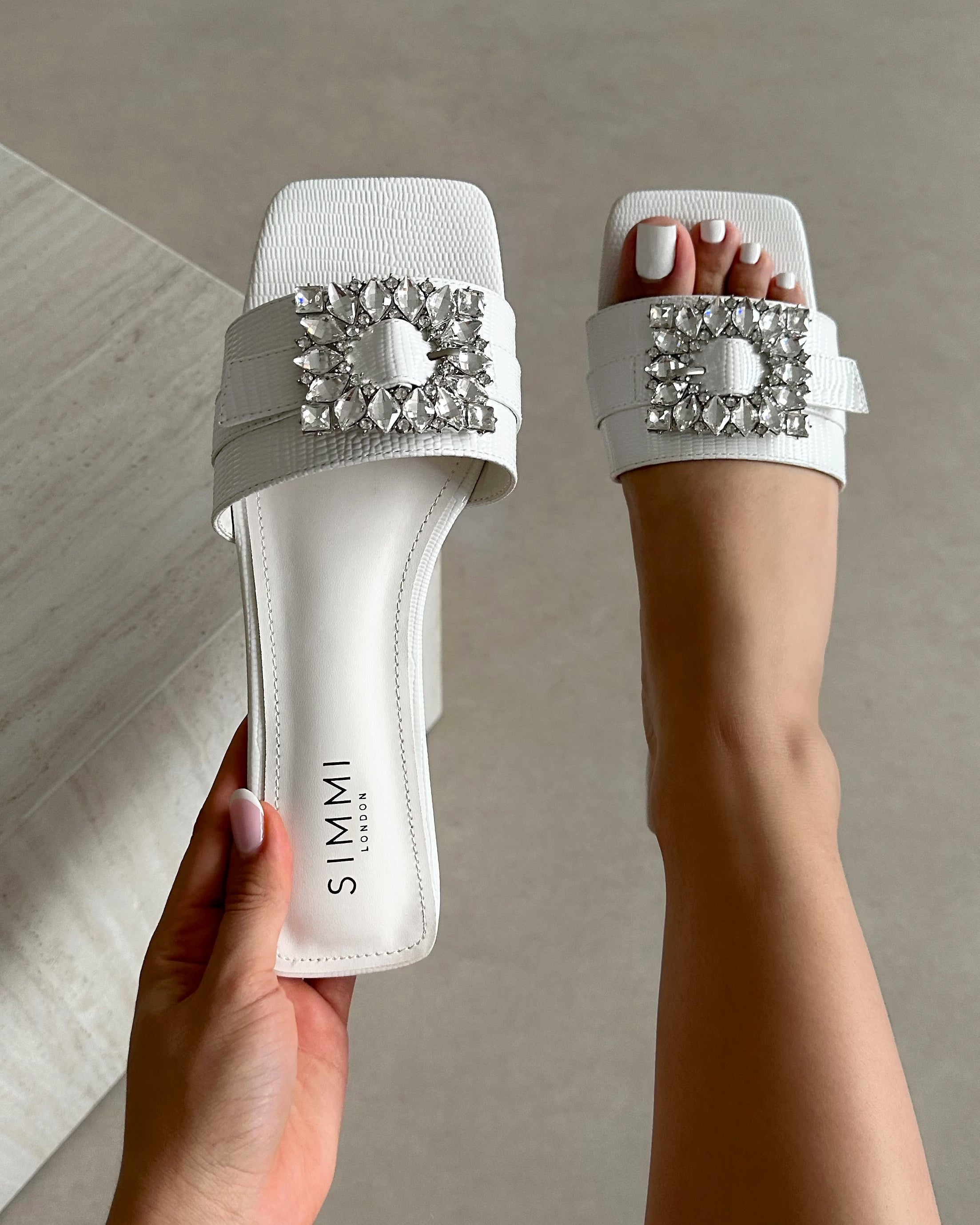 Cyra White Faux Lizard Effect Diamante Flat Sandals | SIMMI London