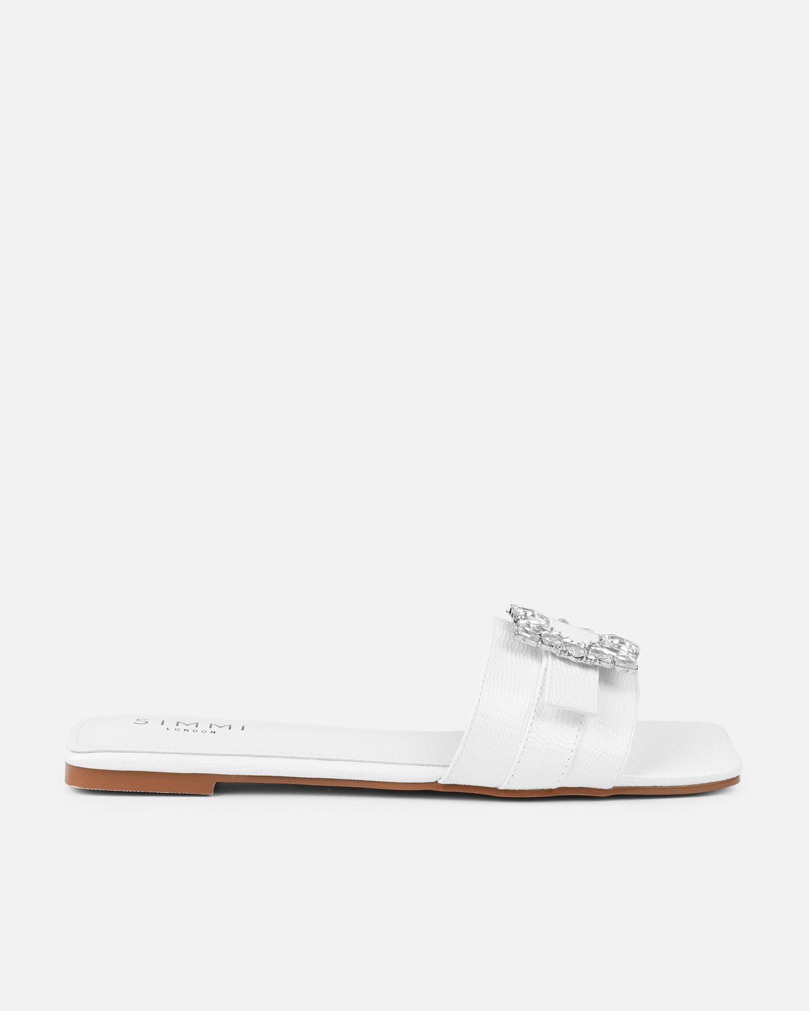Cyra White Faux Lizard Effect Diamante Flat Sandals | SIMMI London