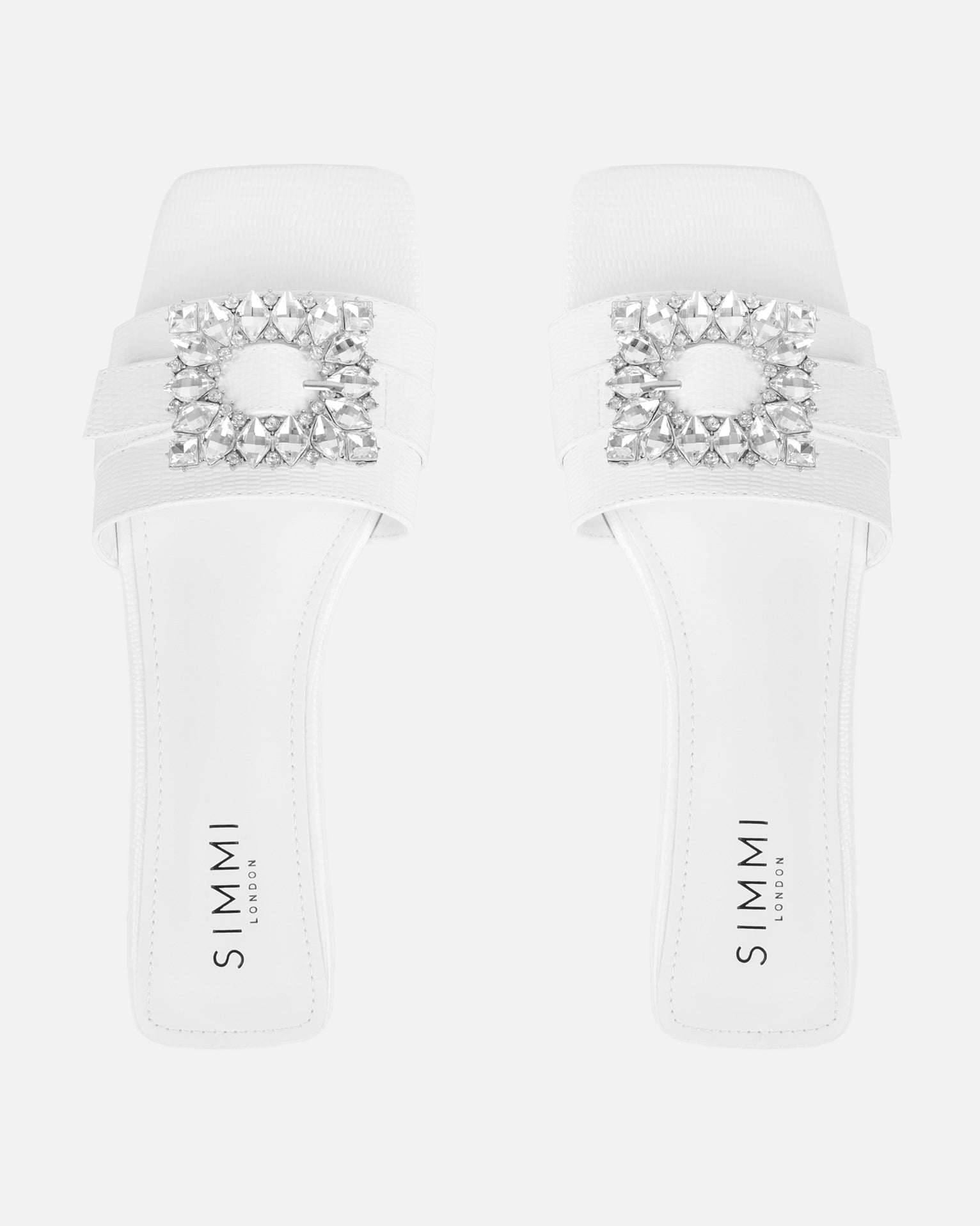 Cyra White Faux Lizard Effect Diamante Flat Sandals | SIMMI London