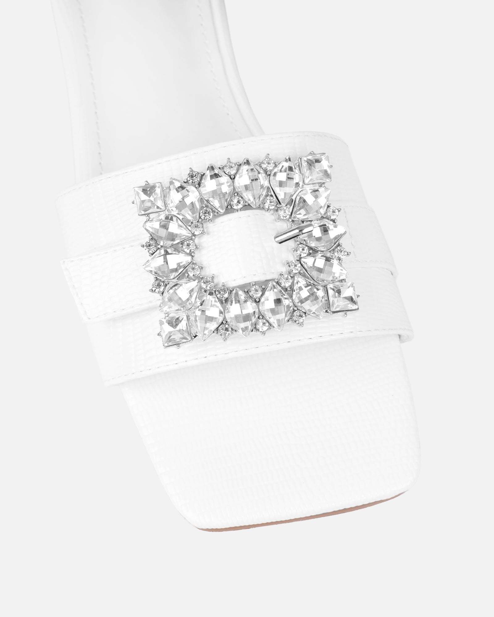 Cyra White Faux Lizard Effect Diamante Flat Sandals | SIMMI London