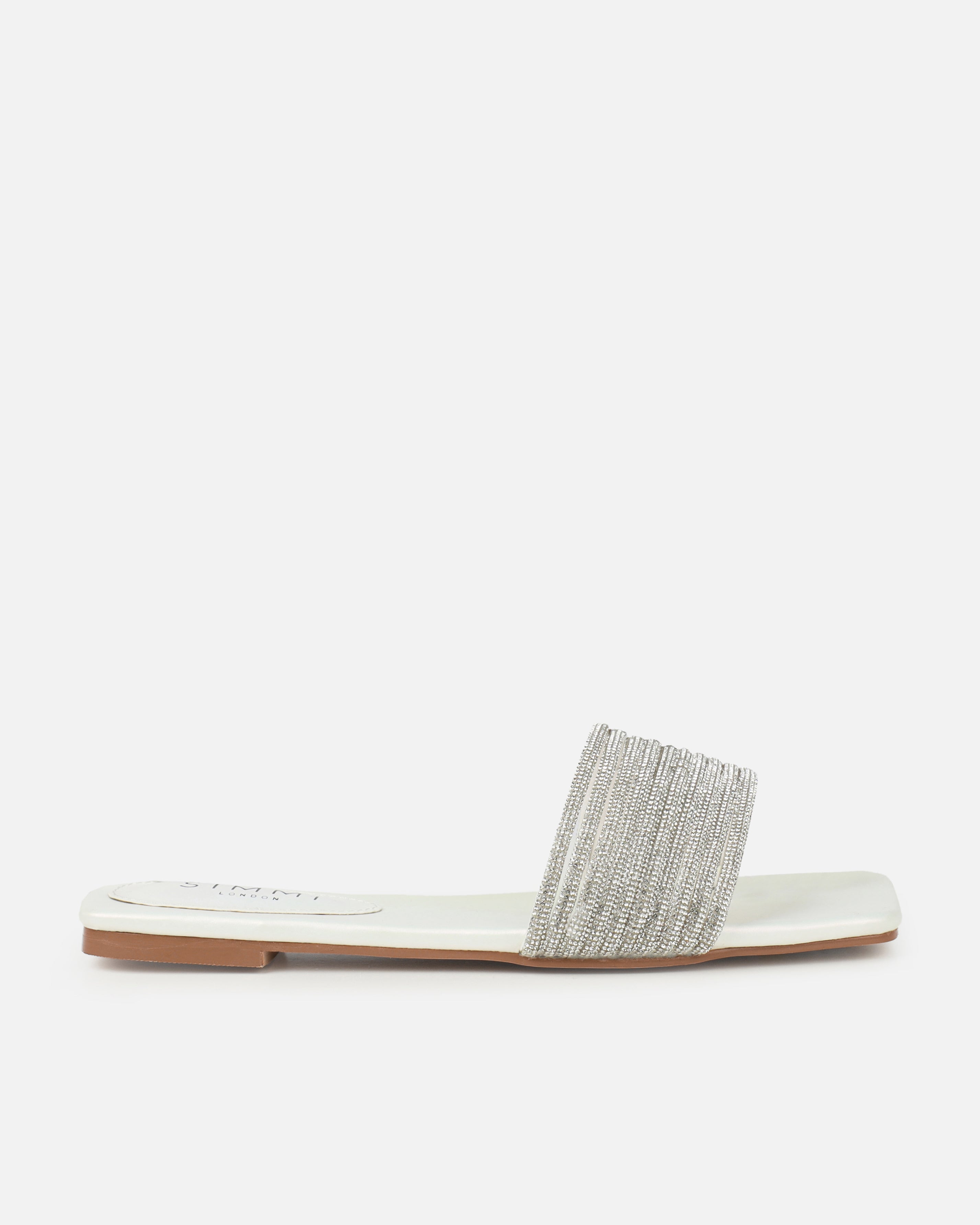 Bethan White Pearled Diamante Flat Sandals | SIMMI London