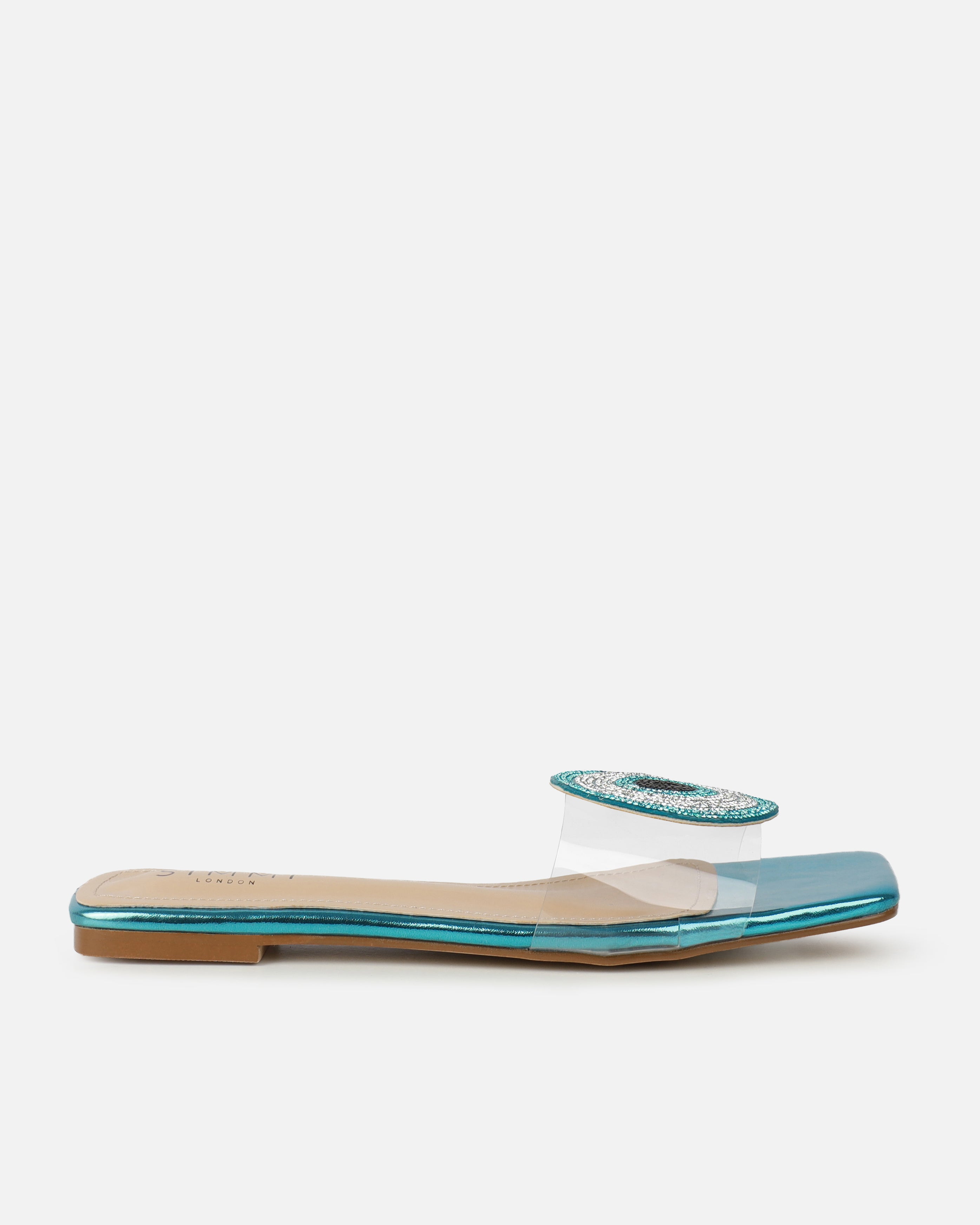 Clem Clear Aqua Blue Metallic Evil Eye Flat Sandals | SIMMI London
