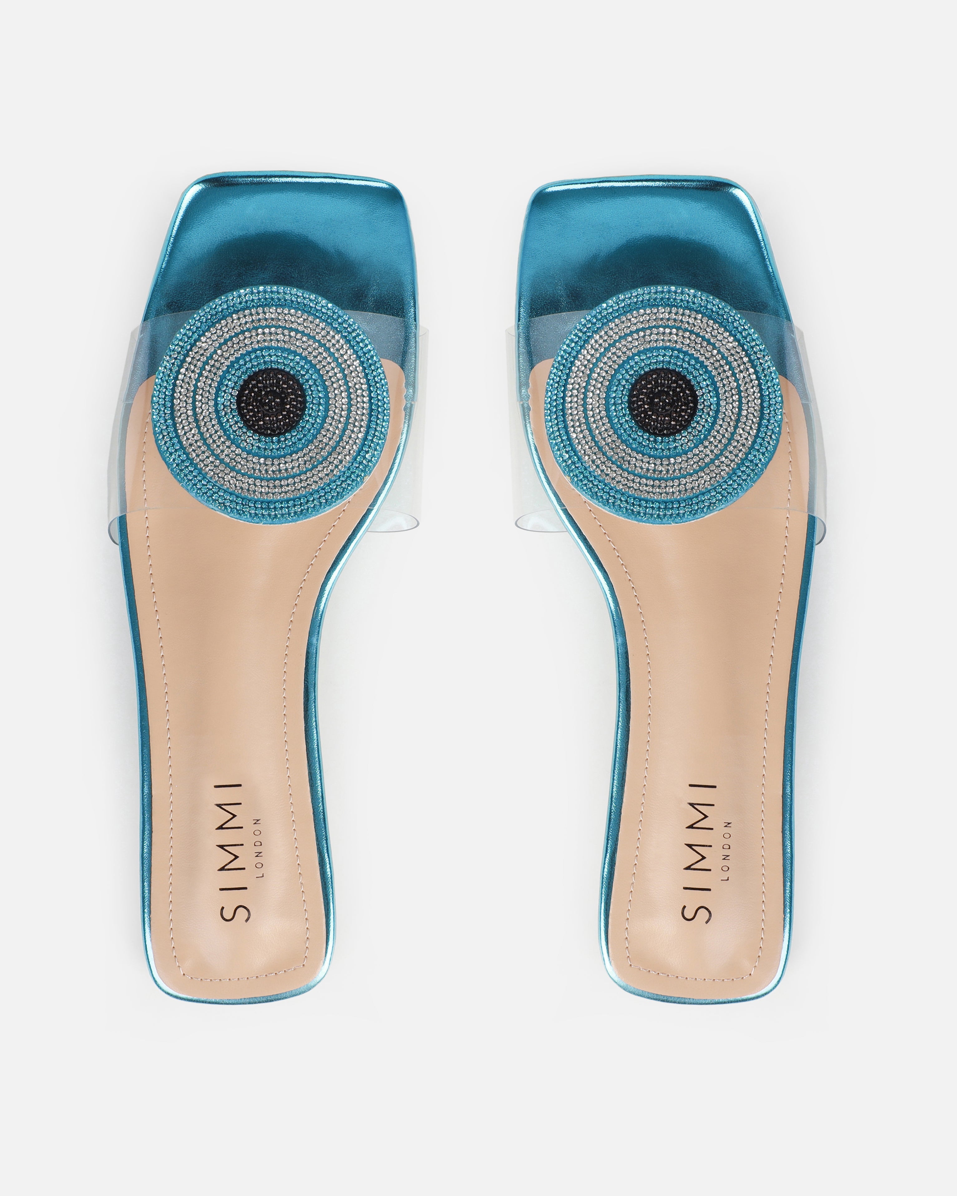 Clem Clear Aqua Blue Metallic Evil Eye Flat Sandals | SIMMI London