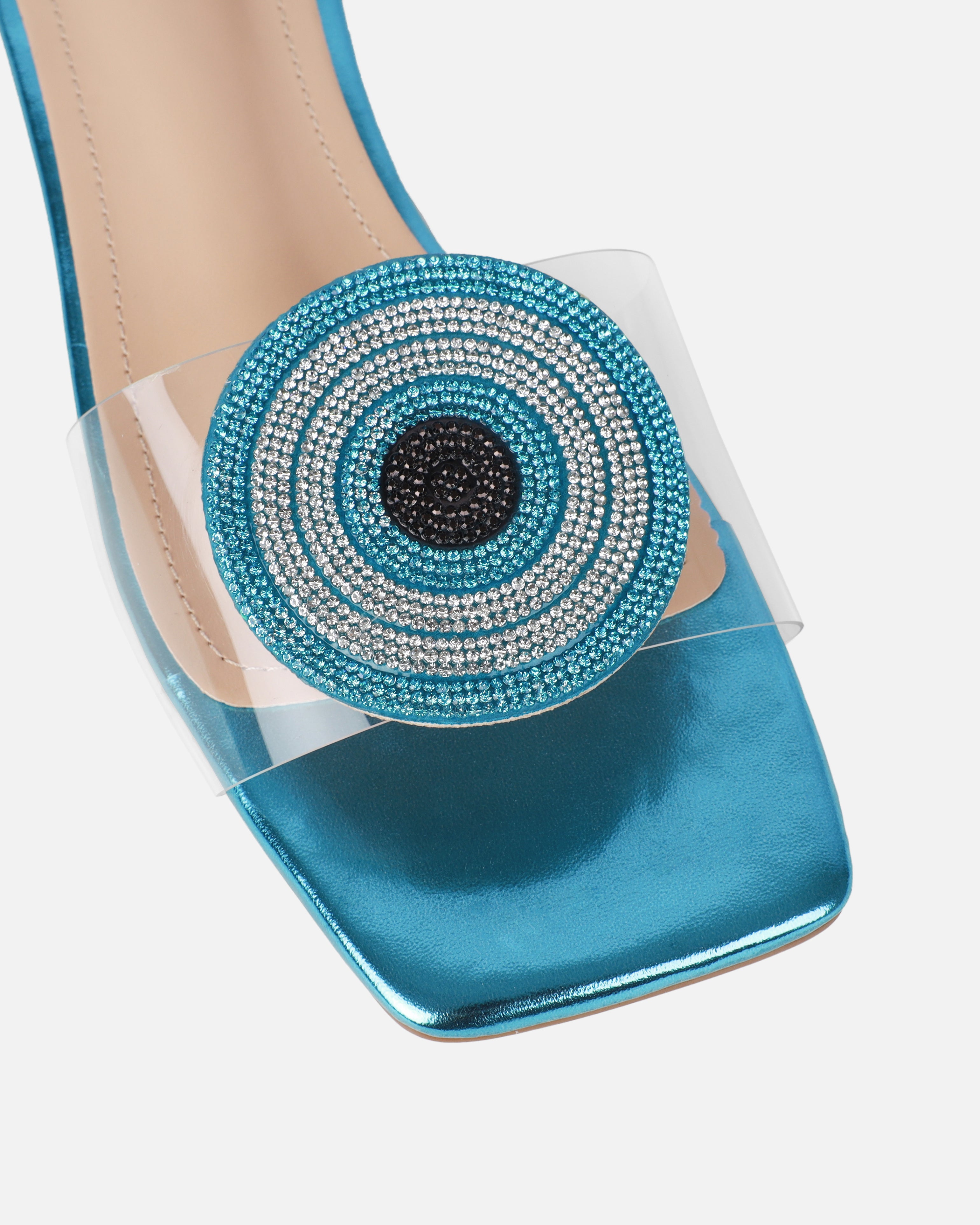 Clem Clear Aqua Blue Metallic Evil Eye Flat Sandals | SIMMI London