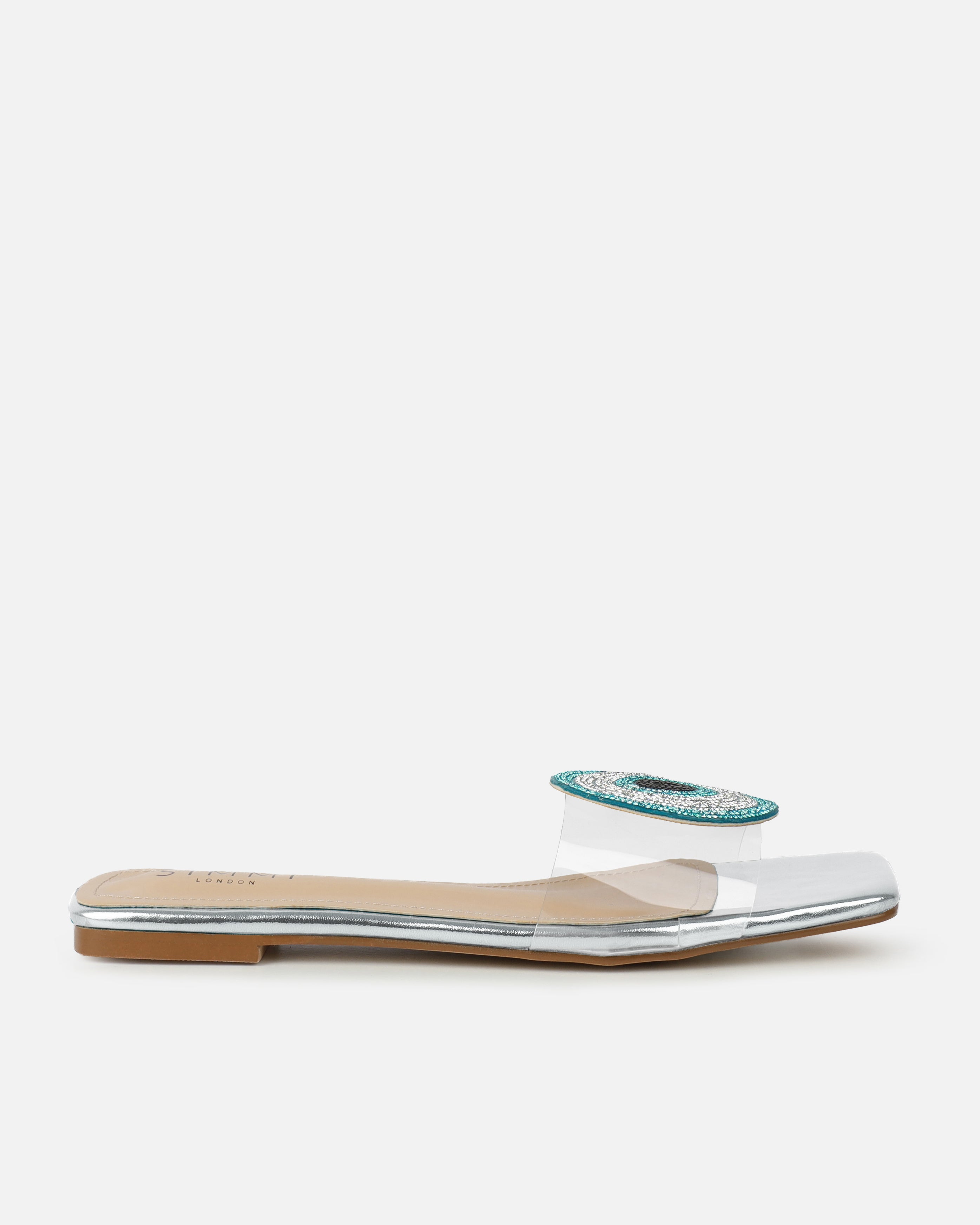 Clem Clear Silver Mirror Evil Eye Flat Sandals | SIMMI London