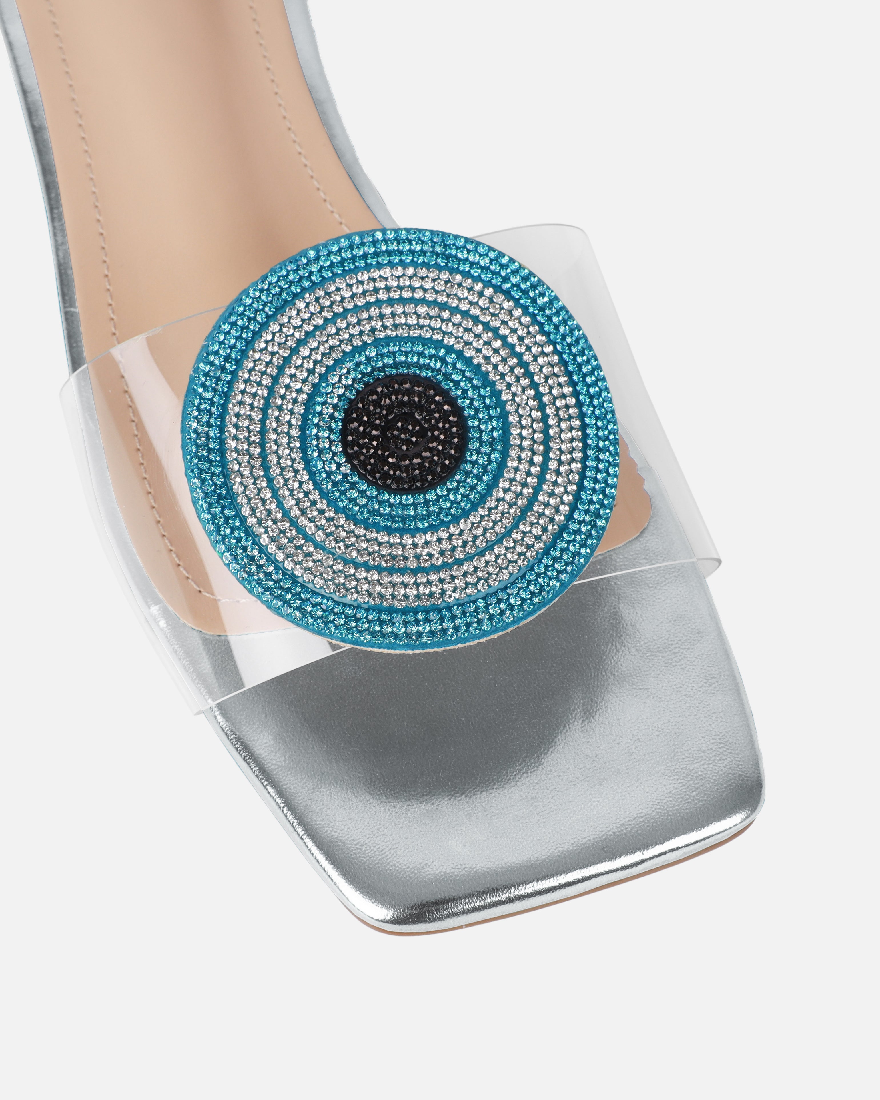Clem Clear Silver Mirror Evil Eye Flat Sandals | SIMMI London