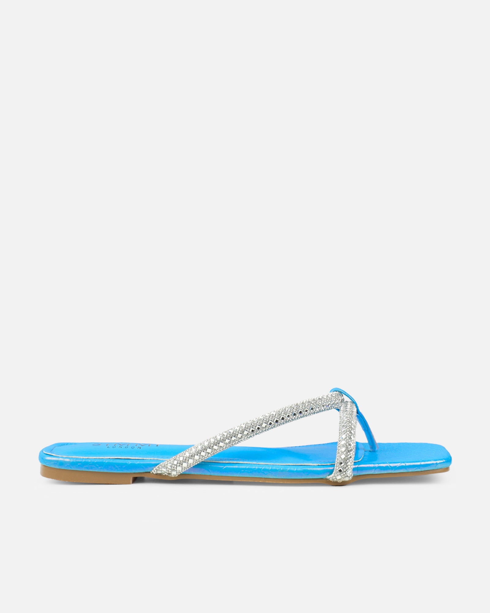 Visha Blue Faux Snake Effect Diamante Flat Sandalsl | SIMMI London
