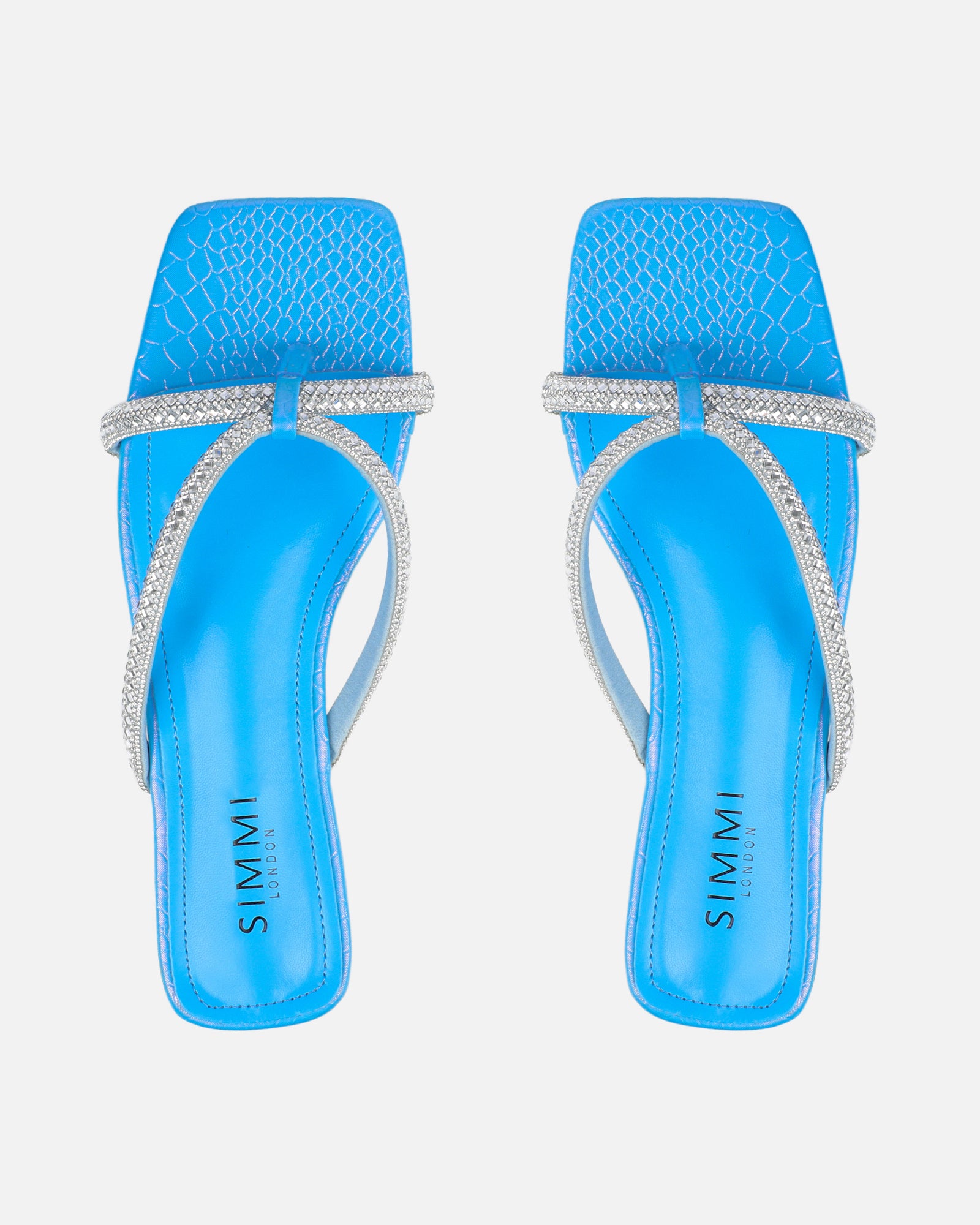 Visha Blue Faux Snake Effect Diamante Flat Sandalsl | SIMMI London