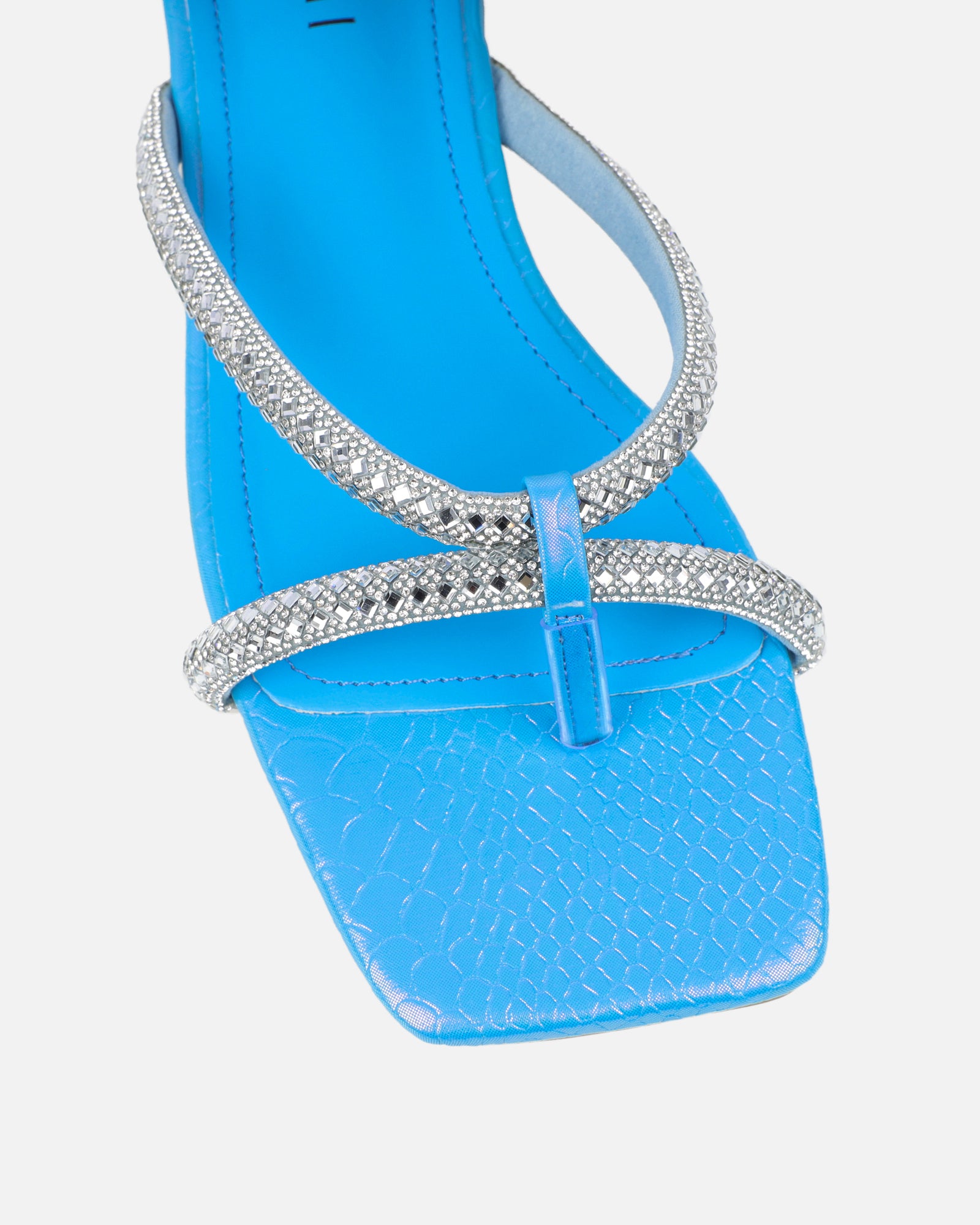 Visha Blue Faux Snake Effect Diamante Flat Sandalsl | SIMMI London
