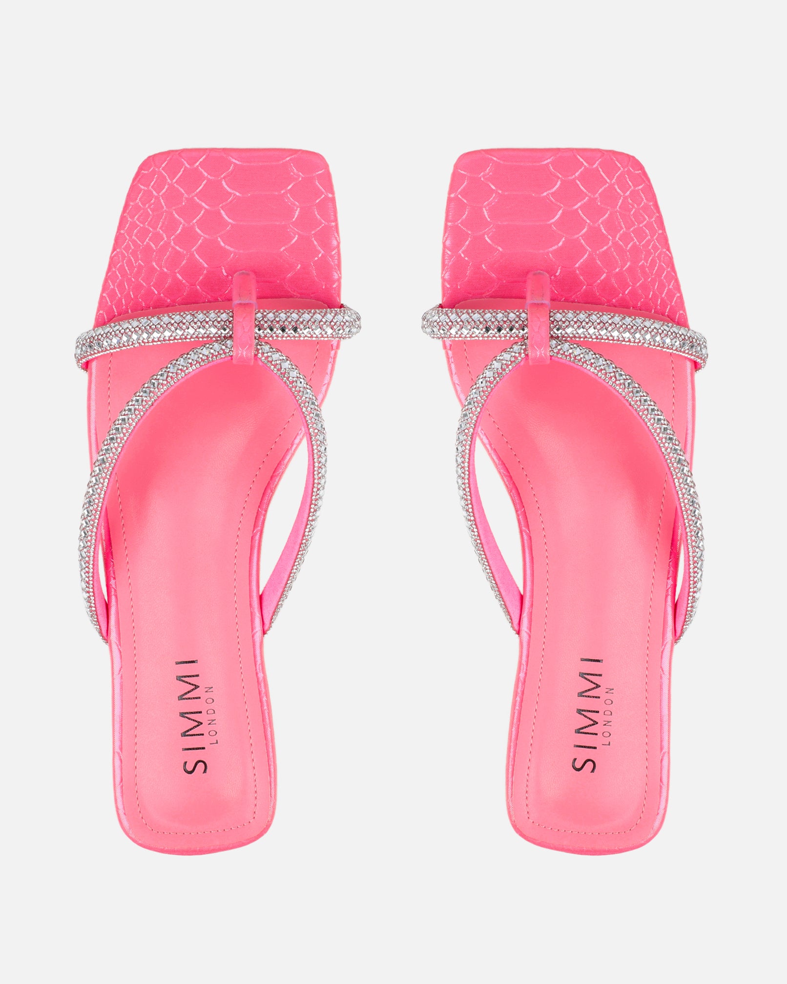 Visha Pink Faux Snake Effect Diamante Flat Sandals | SIMMI London