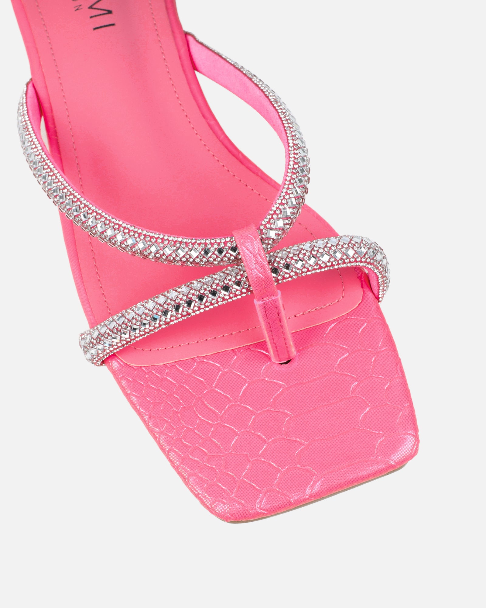 Visha Pink Faux Snake Effect Diamante Flat Sandals | SIMMI London